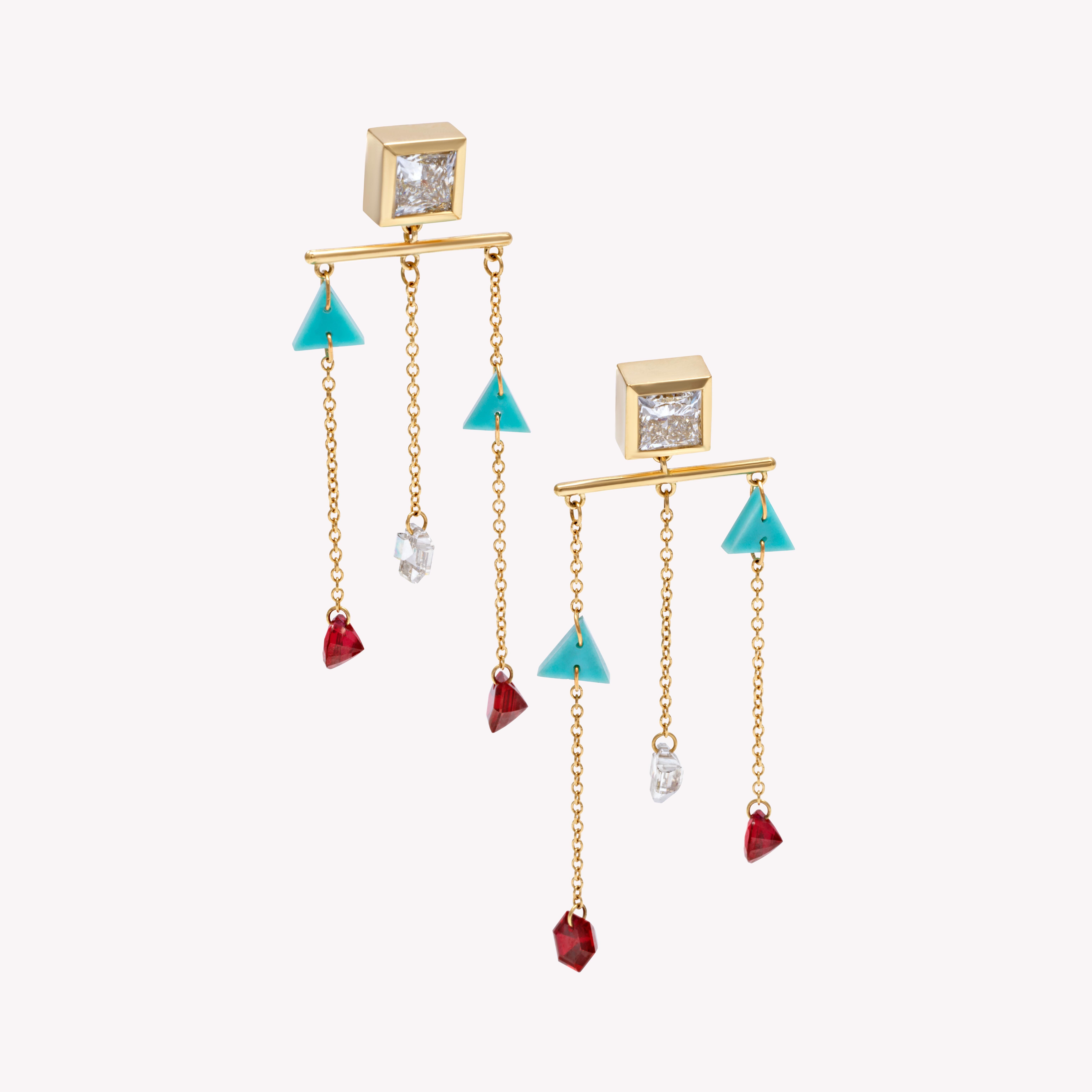 Art Deco The Marionettes 6 Carat Drop Down Earrings with diamonds, rubies & turquoise For Sale