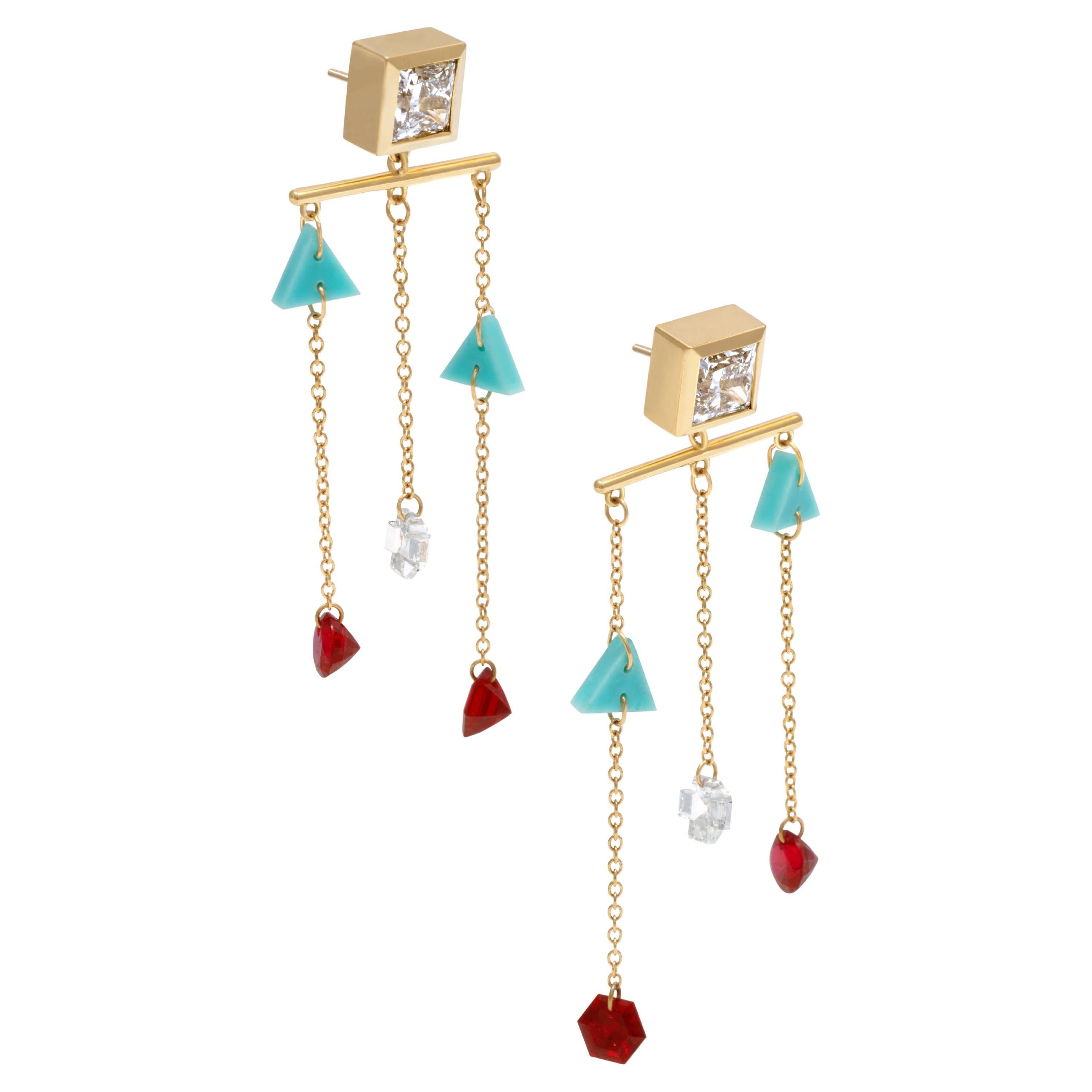 The Marionettes 6 Carat Drop Down Earrings with diamonds, rubies & turquoise