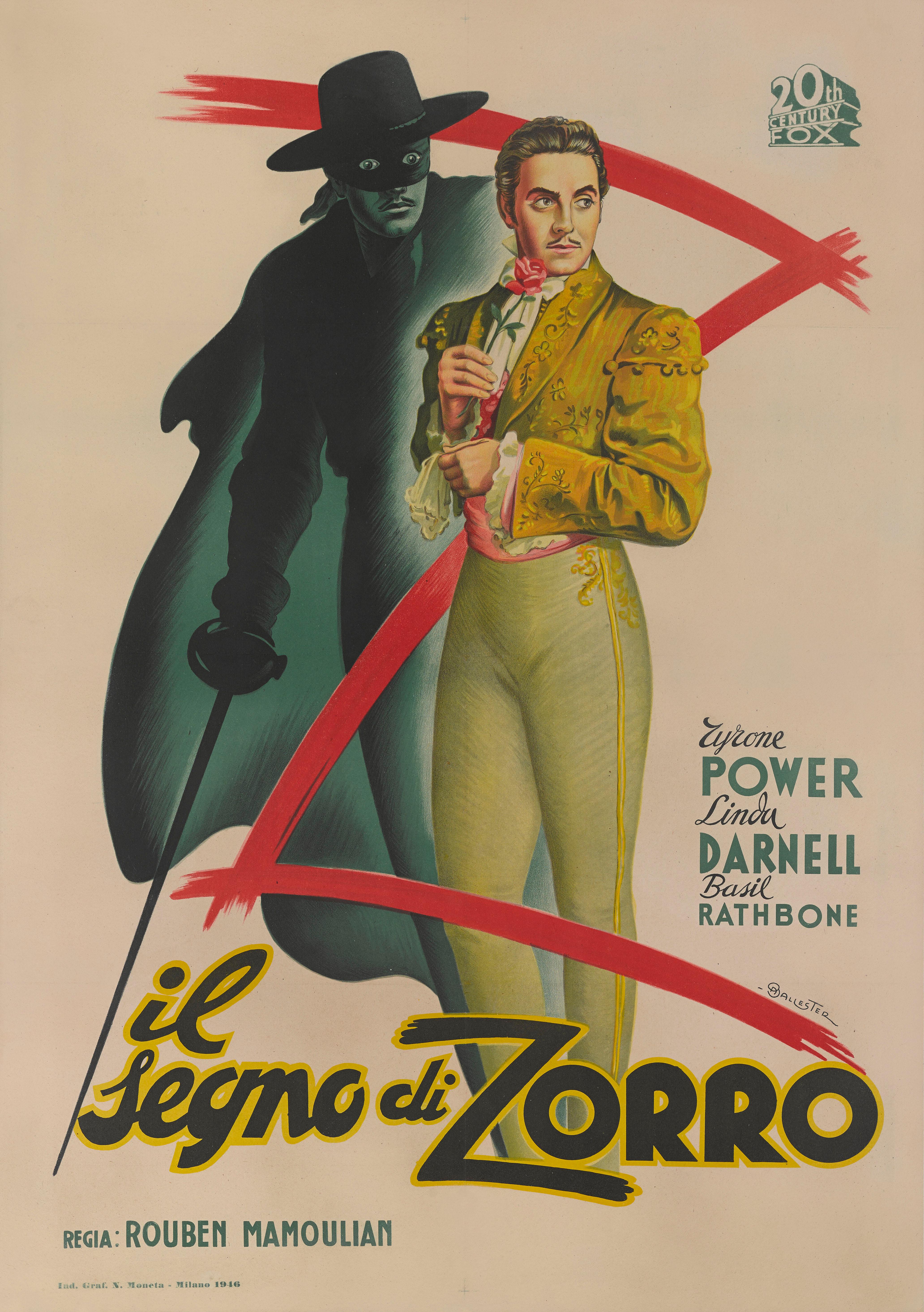 Original Italian film poster for the 1940 adventure romance film The Mark of Zorro.
This film was directed by Rouben Mamoulian The cast includes Tyrone Power, Linda Darnell and Basil Rathbone.
This is an exceptionally rare poster, the artwork on