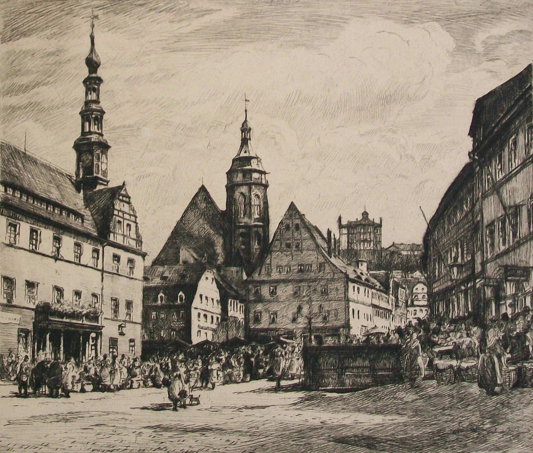 'The Market Square at Pirna' (After Bernardo Bellotto) - Antique copper plate engraving on paper - titled (in German) in pencil lower left - signed in pencil lower right (unidentified artist) - unframed - Germany - 18th/19th century. 

Good