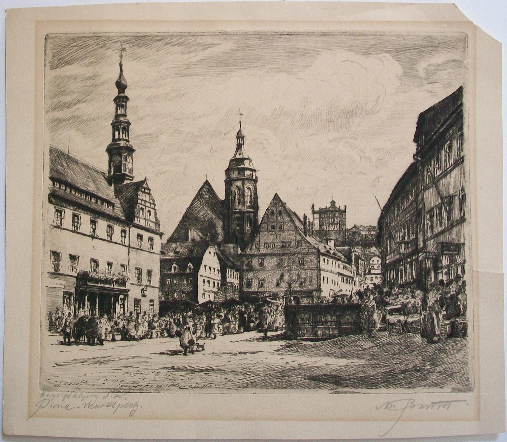 „Der Marktplatz in Pirna“ – Antike Gravur – Deutschland – 18./19. Jahrhundert (Renaissance) im Angebot