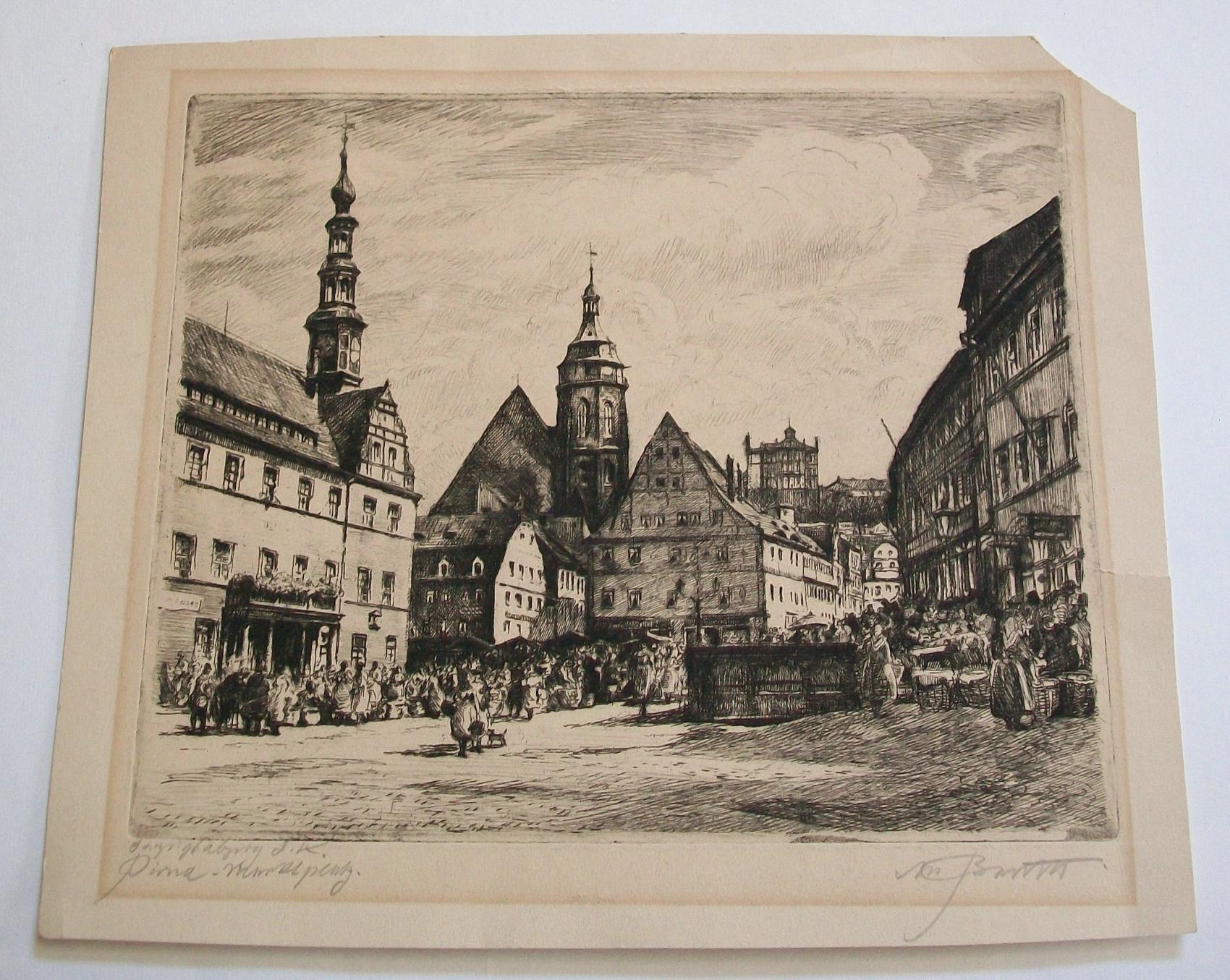 „Der Marktplatz in Pirna“ – Antike Gravur – Deutschland – 18./19. Jahrhundert (Handgefertigt) im Angebot