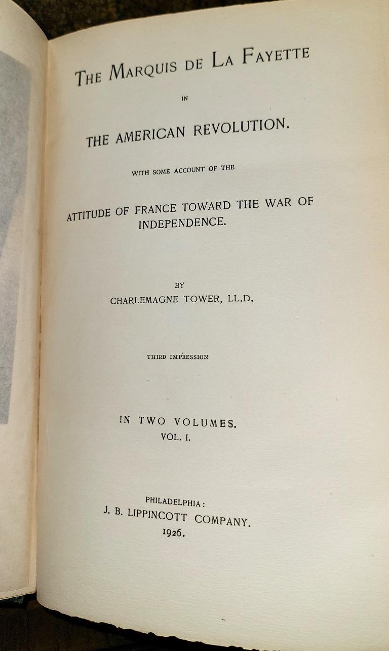 Presenting a rare book of historic American relevance, namely, ‘The Marquis de La Fayette in the American Revolution by Charlemagne Tower in 2 Volumes.

Third Impression, Published by J.B. Lippincott Company, Philadelphia, 1926.

Both signed by