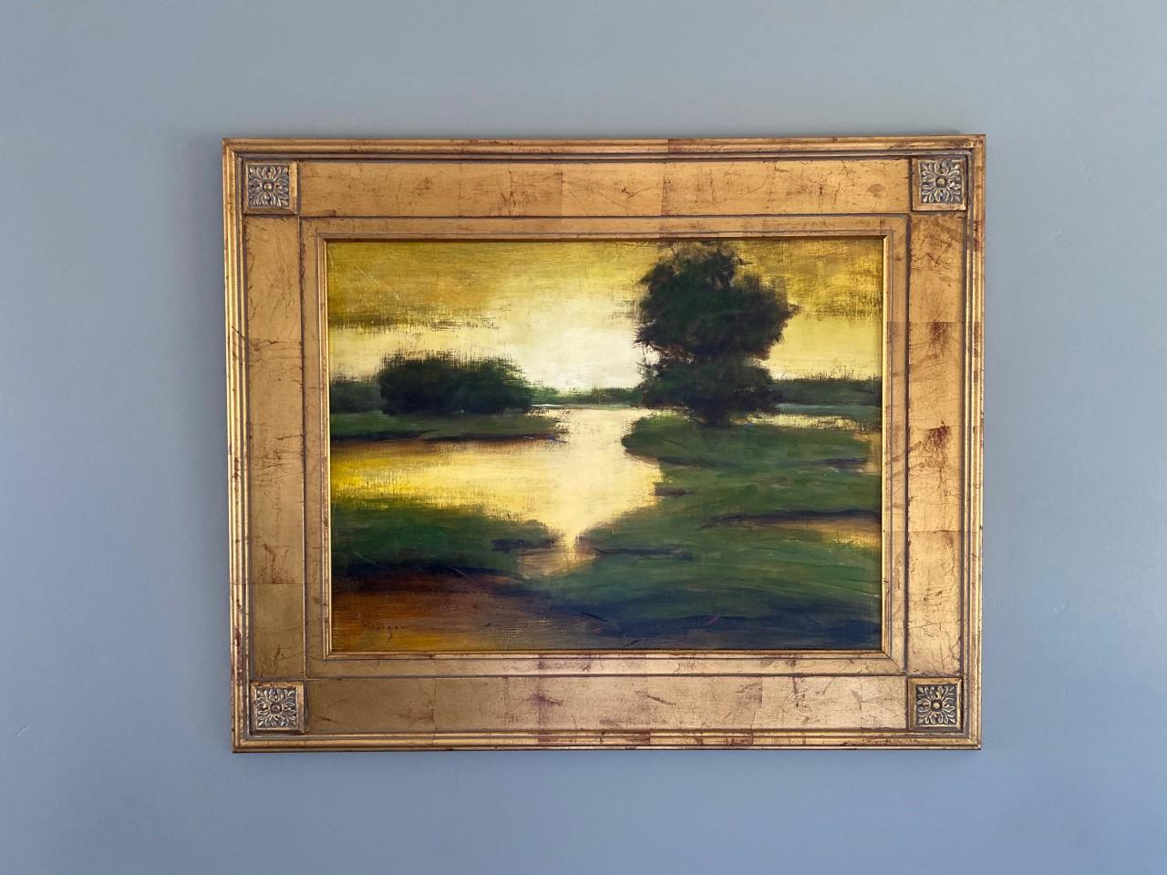 Beautiful original landscape scene by acclaimed artist Seth Winegar. This piece titled “Marshland Farmington” from 1999 showcases the light in nature from the perspective of the artist. Light in the horizon illuminating with shades of gold around a