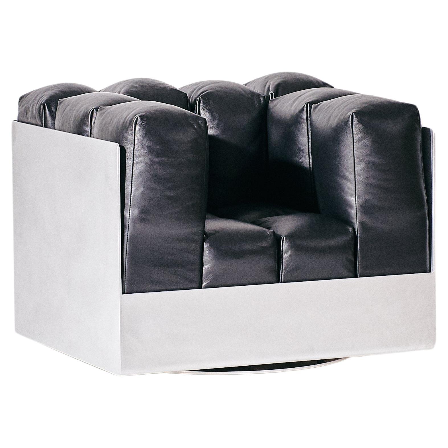 The Marshmallow Lounge -Swivel Lounge Chair in Black Leather with Aluminum Frame For Sale