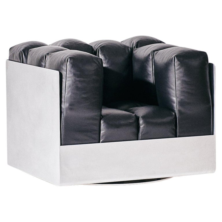 Marshmallow lounge chair in aluminum and black leather, new