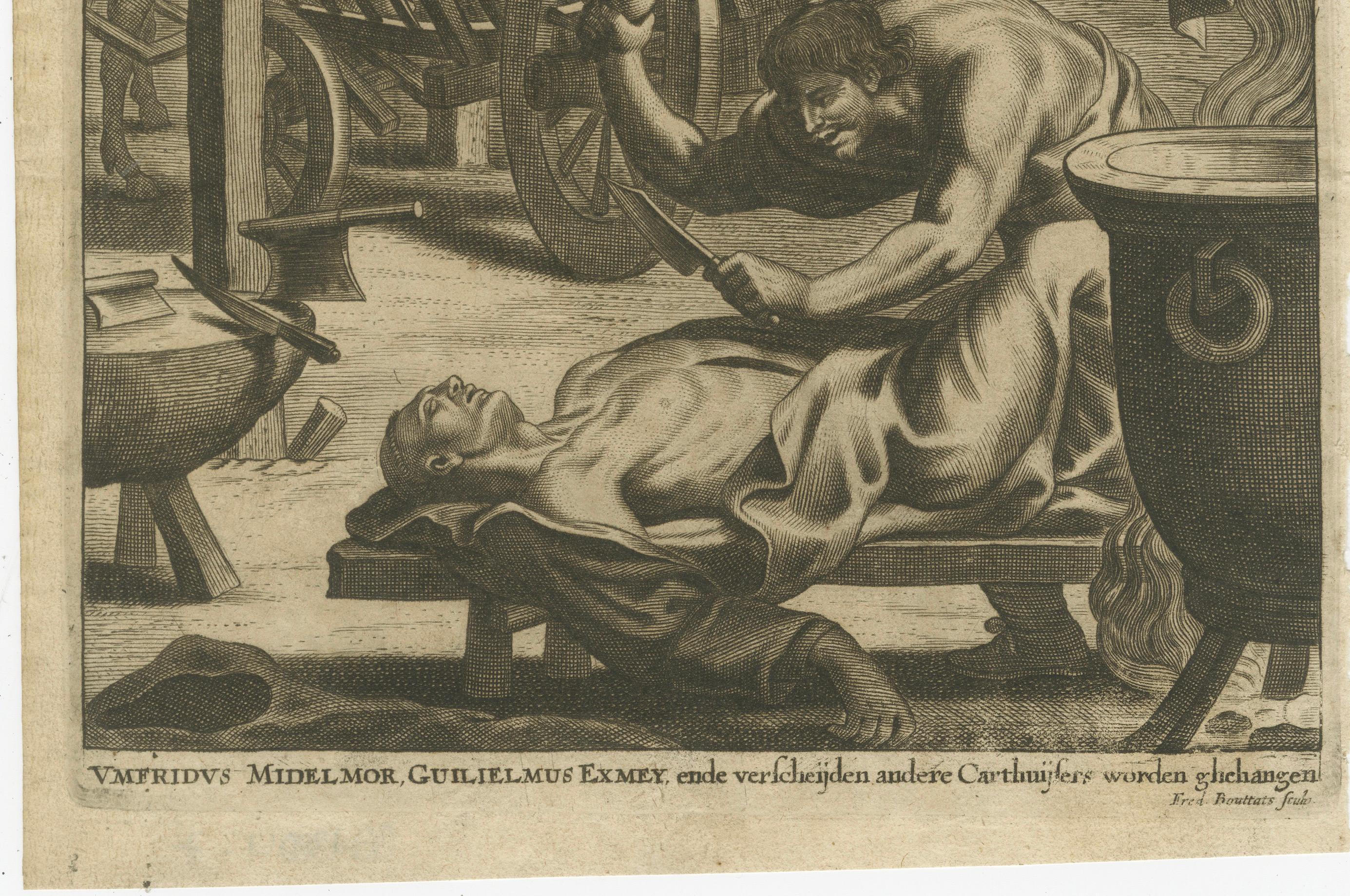 This engraving depicts a group of Carthusian monks being executed, likely by hanging, in a gruesome scene reminiscent of the religious persecution during the Reformation. Here is a detailed analysis, a translated version of the text, and context for