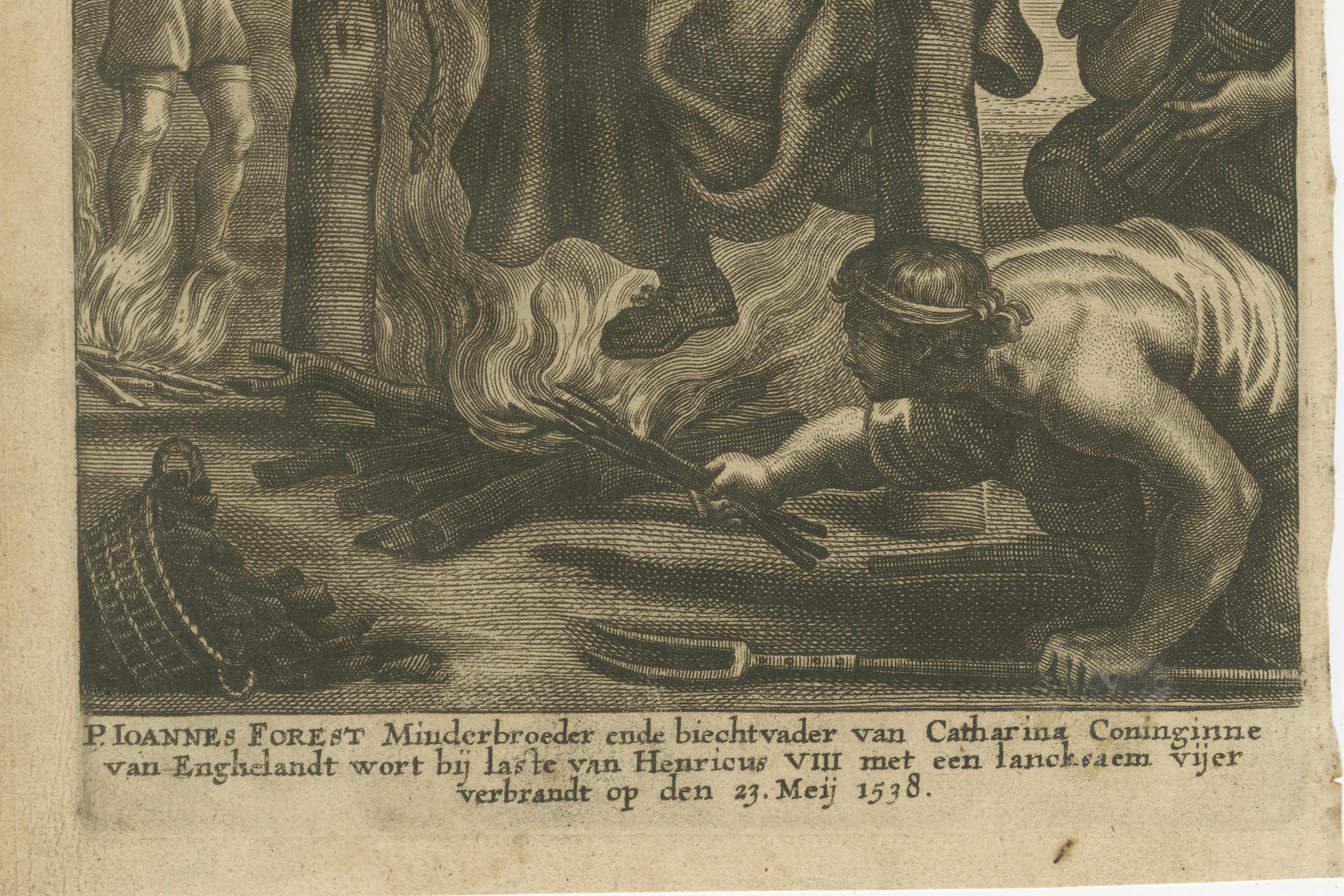 Gravure du bûcher d'un frère franciscain. Voici une analyse détaillée, comprenant une description et une version traduite du texte :

Le texte en bas de page est le suivant :
