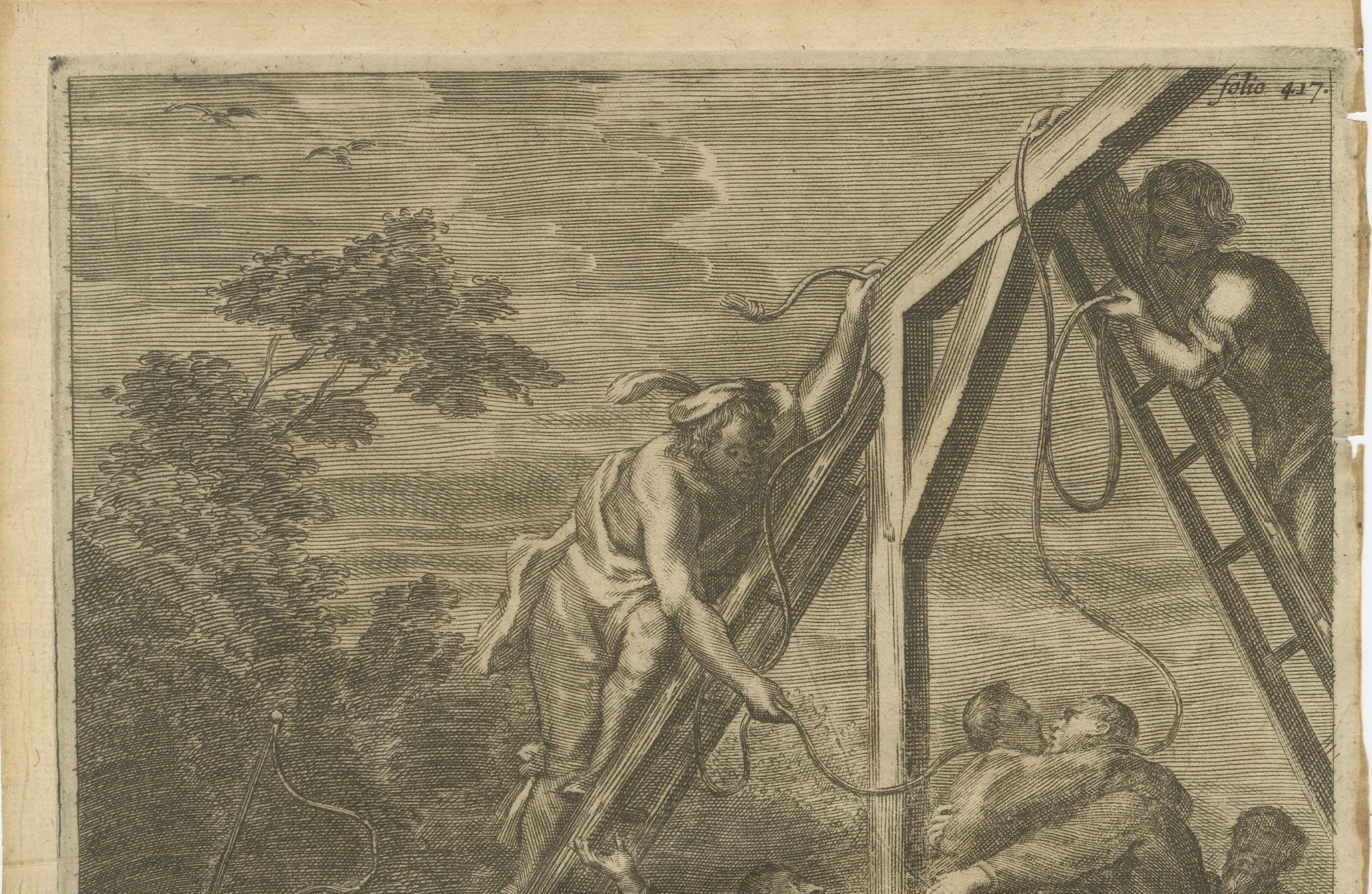 The engraving depicts a scene of execution involving multiple priests, likely reflecting religious persecution in England. Here is a detailed analysis, including a translated version of the text and context of the engraving:

The text at the bottom