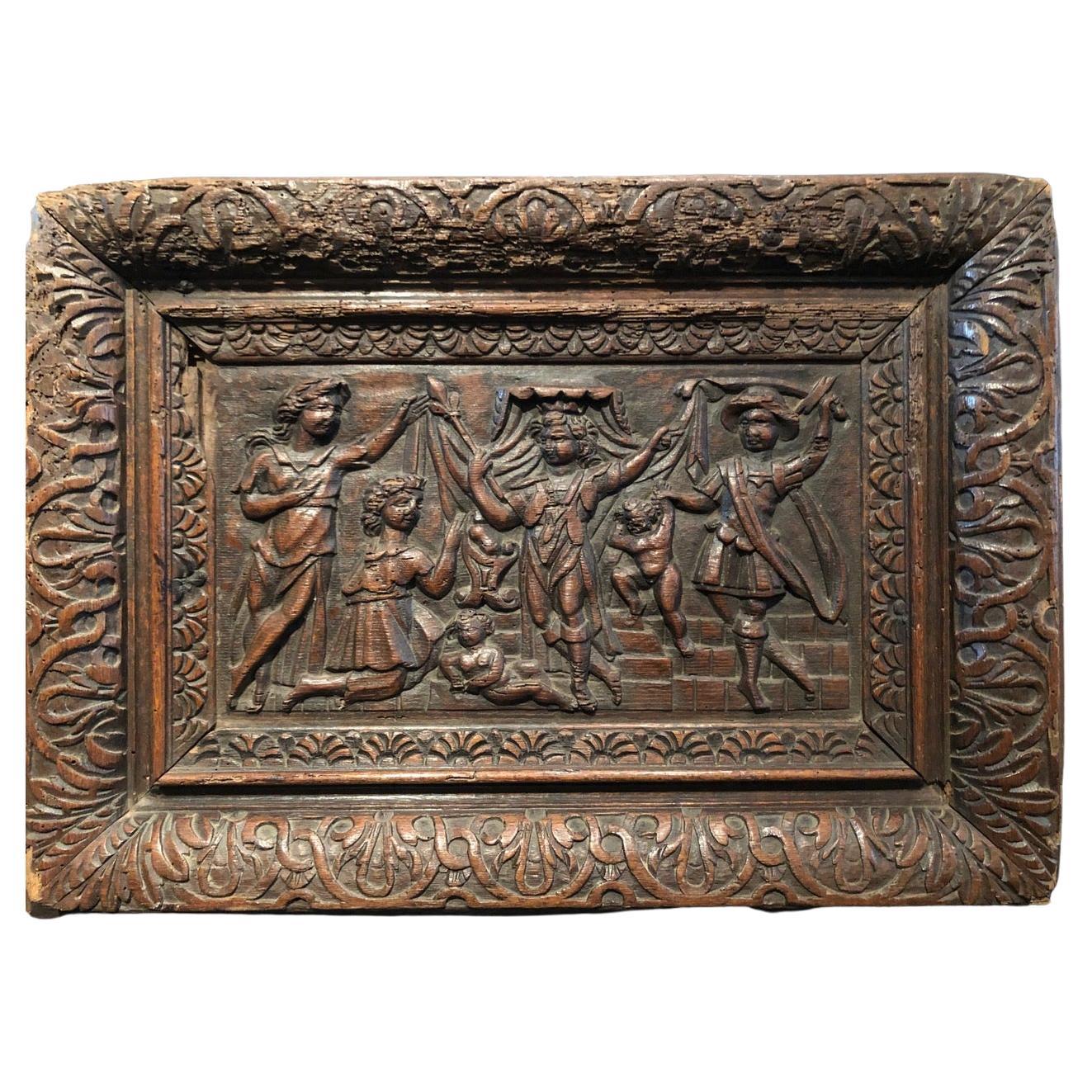 The Massacre of the Innocents
Carved oak panel
Normandy, late 16th century
(Collection labels on the back)
Measures: 43,5 x 61 cm.
 