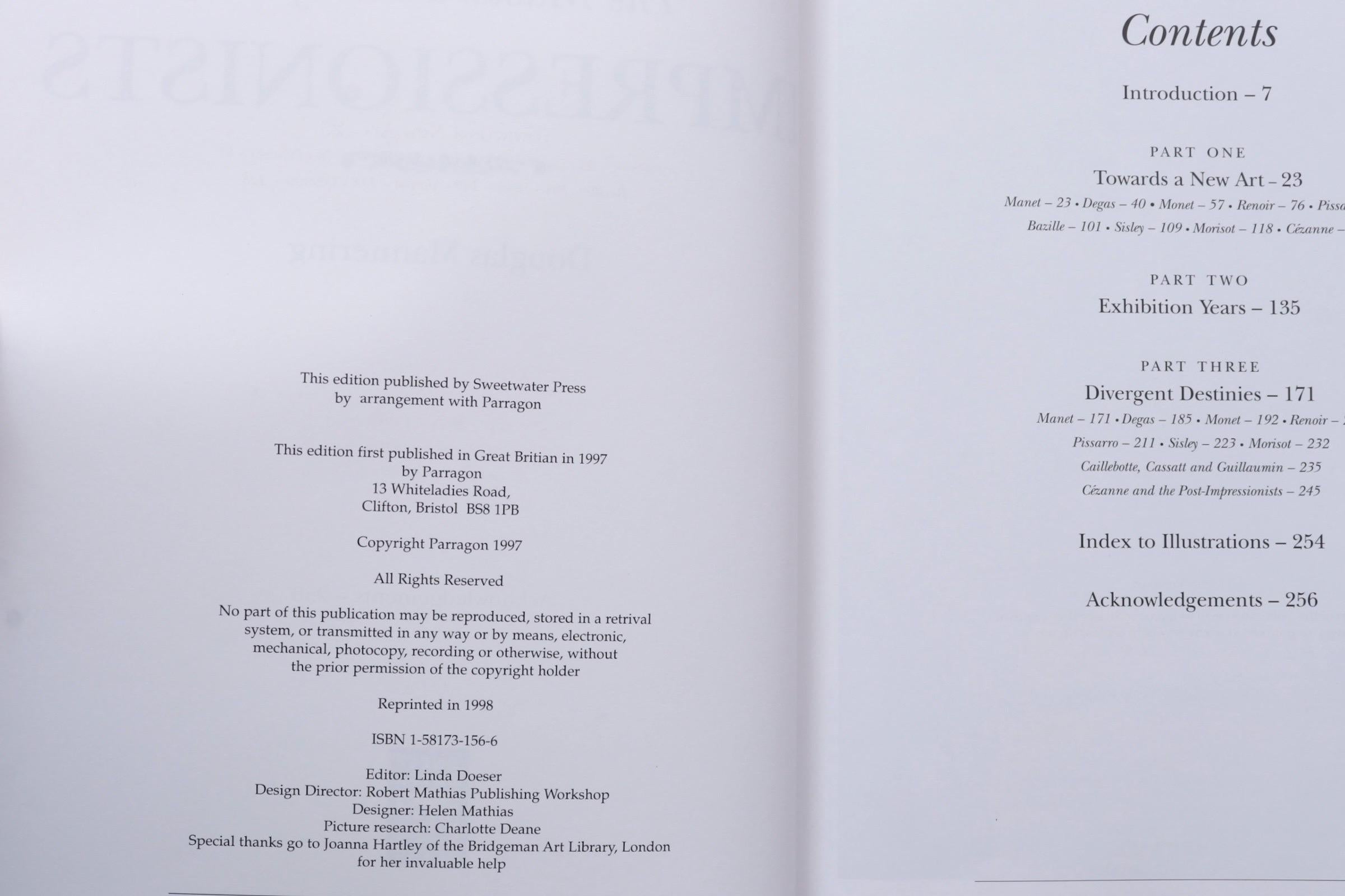 Les chefs-d'œuvre des impressionnistes par Douglas Mannering. Livre relié avec jaquette, publié en 1998 par Sweetwater Press. Imprimé en Italie, illustré, 256 pages.