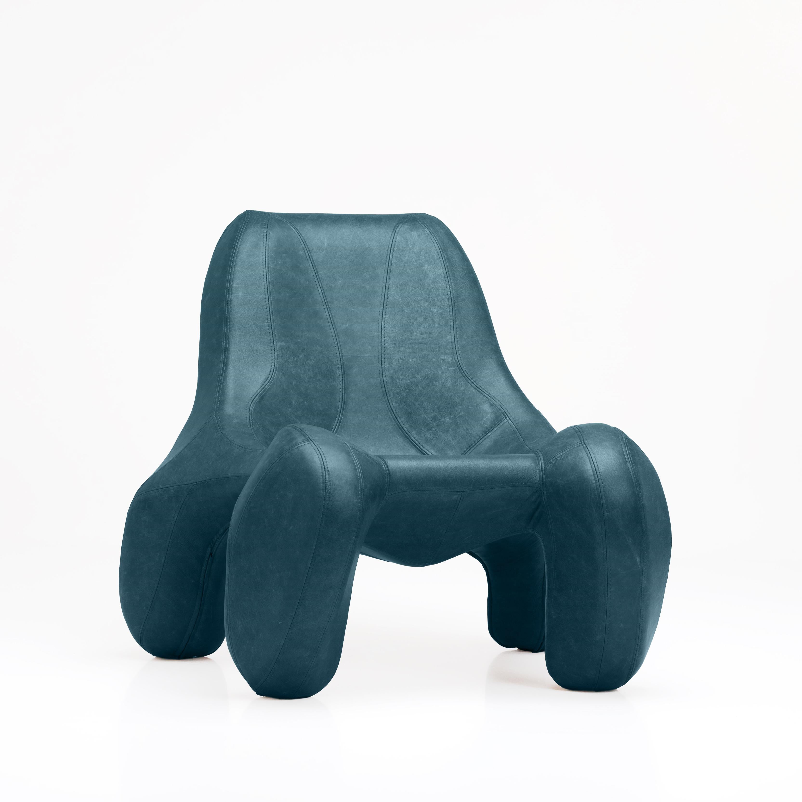 Modern Dark Azure Blue Club Chair  “Club 114” in a Vegas Leather “Sea” For Sale
