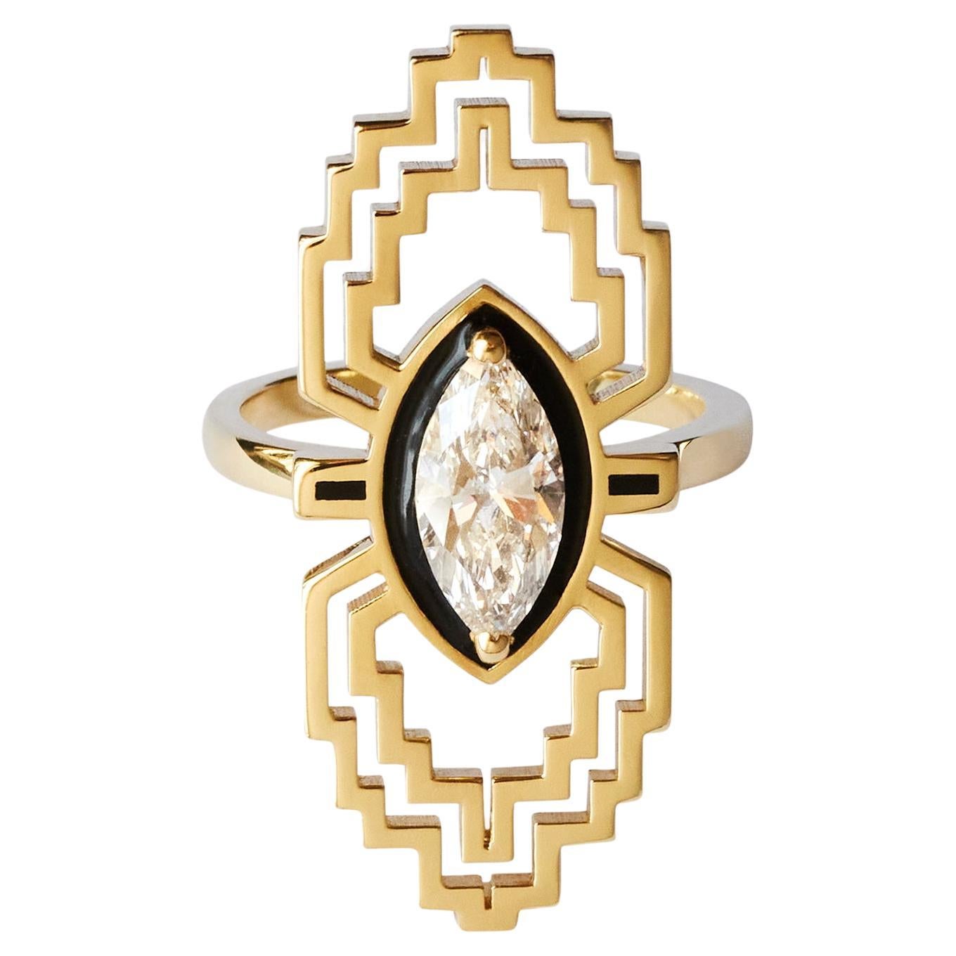 The Maze Ring GIA GH VS2/SI1 1ct Marquise Cut Diamond Ring & Black enamel