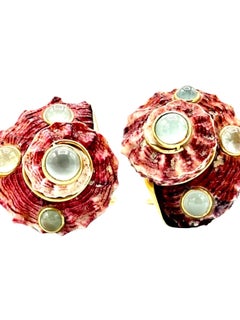 The Mazza Company Shell and Moonstone 14k Yellow Gold Clip Earrings