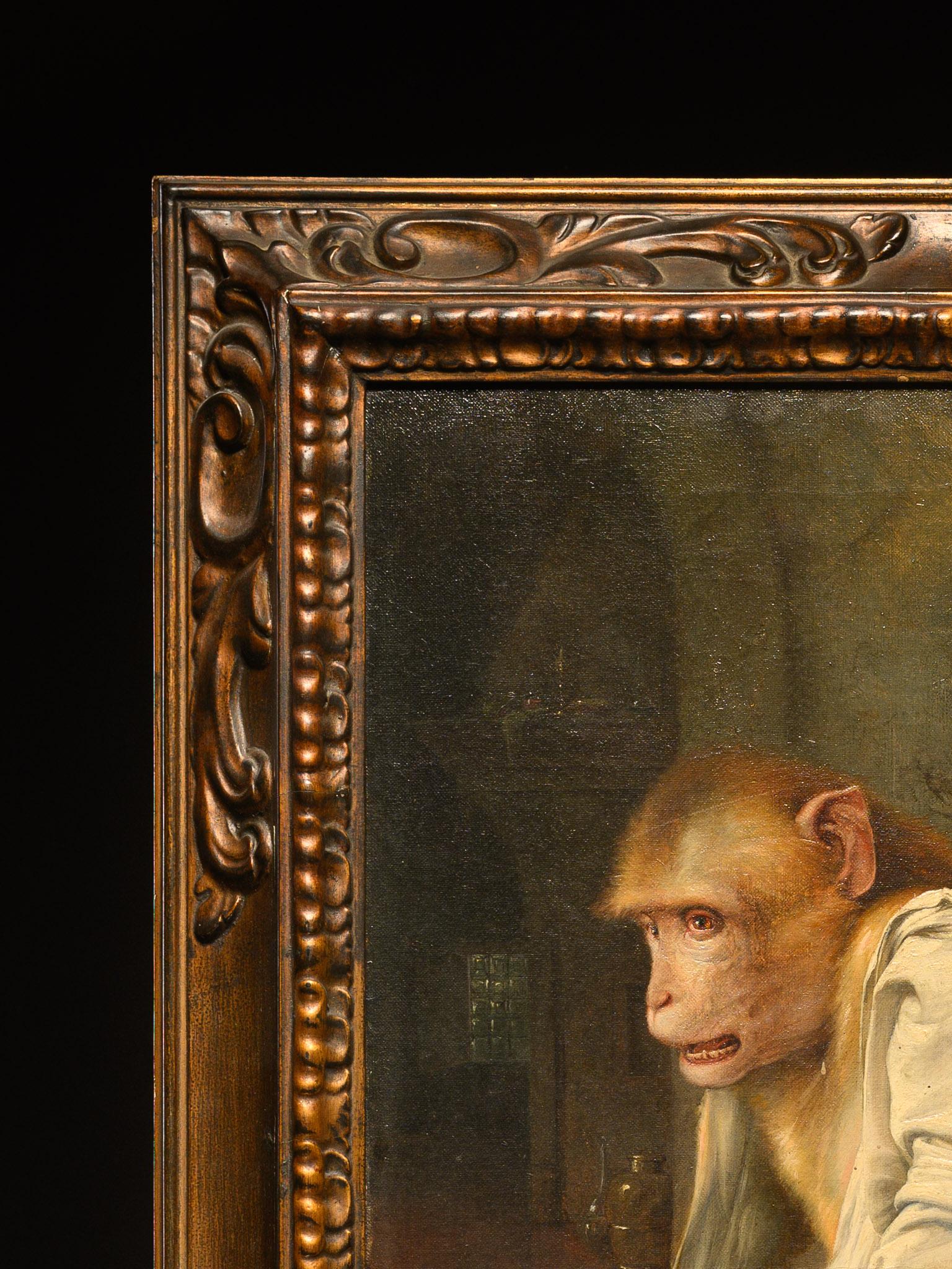 La Singerie est un genre d'art visuel qui met en scène des singes imitant des actions humaines, souvent vêtus d'habits élégants, conçus pour amuser et offrir un regard satirique sur la société. Le terme provient de l'expression française 