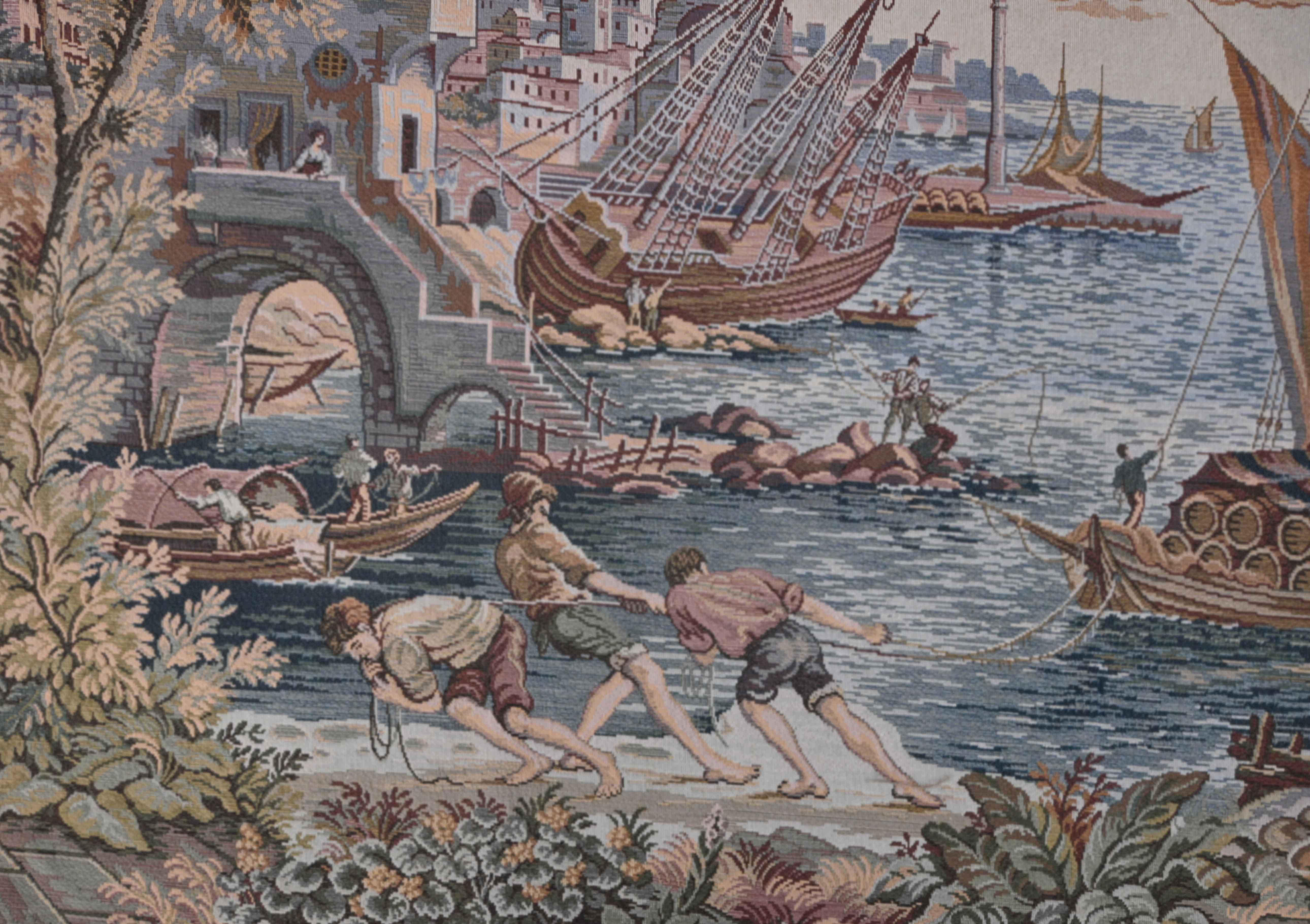 Der Mittelmeerhafen - Französischer Jacquard-Wandteppich, CIRCA 1980 - 195Lx140 -N 1617 im Angebot 1