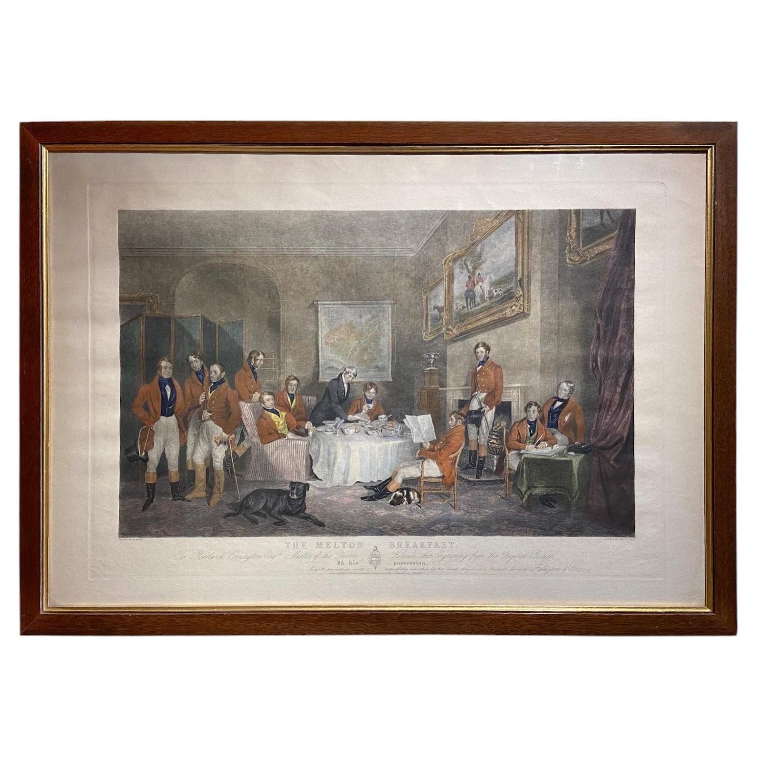 "The Melton Breakfast" Fox Hunt Antique Folio Engraving in Frame For Sale