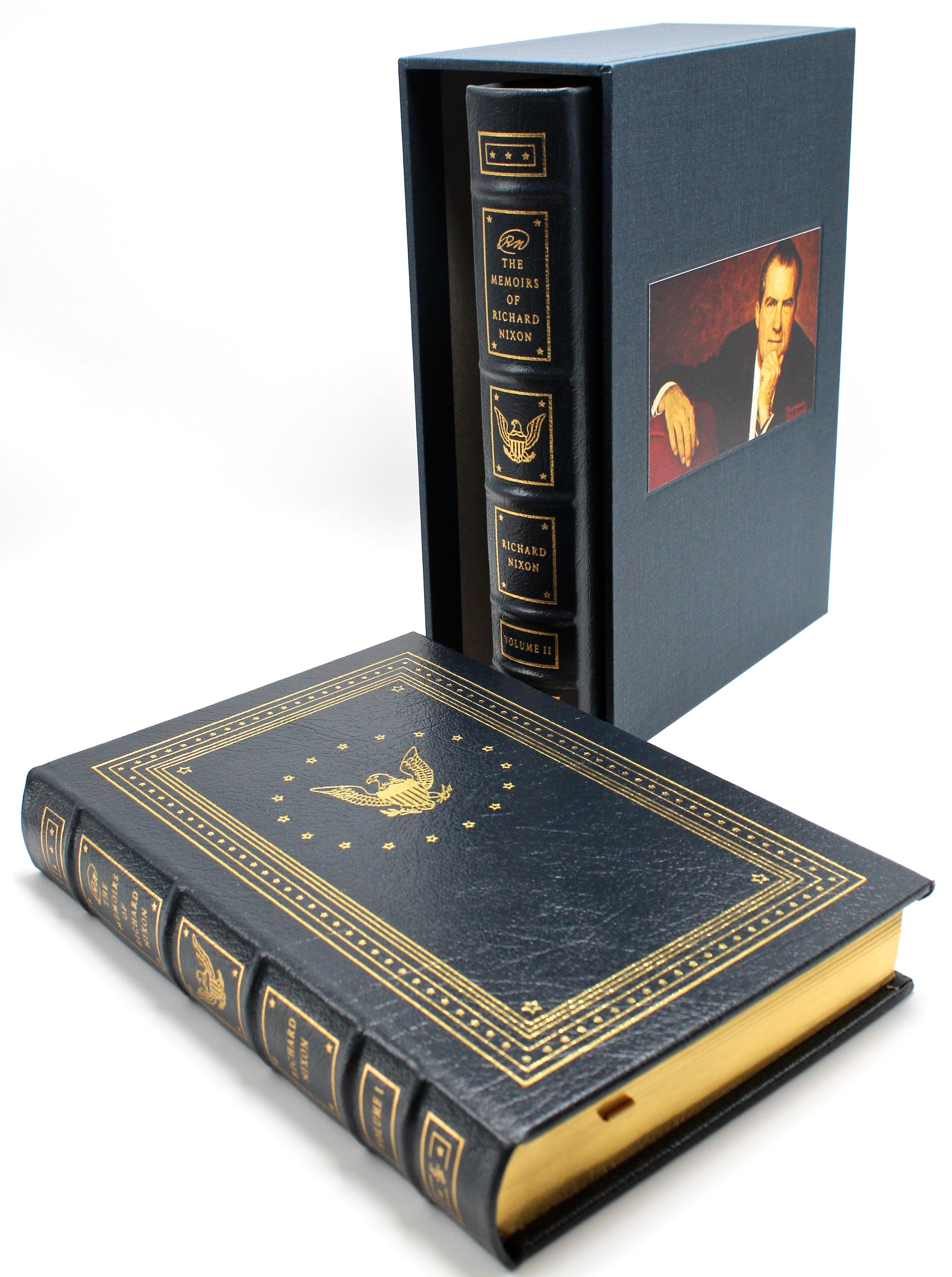 Nixon, Richard. The Memoirs of Richard Nixon. Norwalk: The Easton Press, 1988. Two-volume set. Bound in full leather with 22-karat gold embossing. Housed in a matching custom slipcase.

This two-volume set of The Memoirs of Richard Nixon is bound in