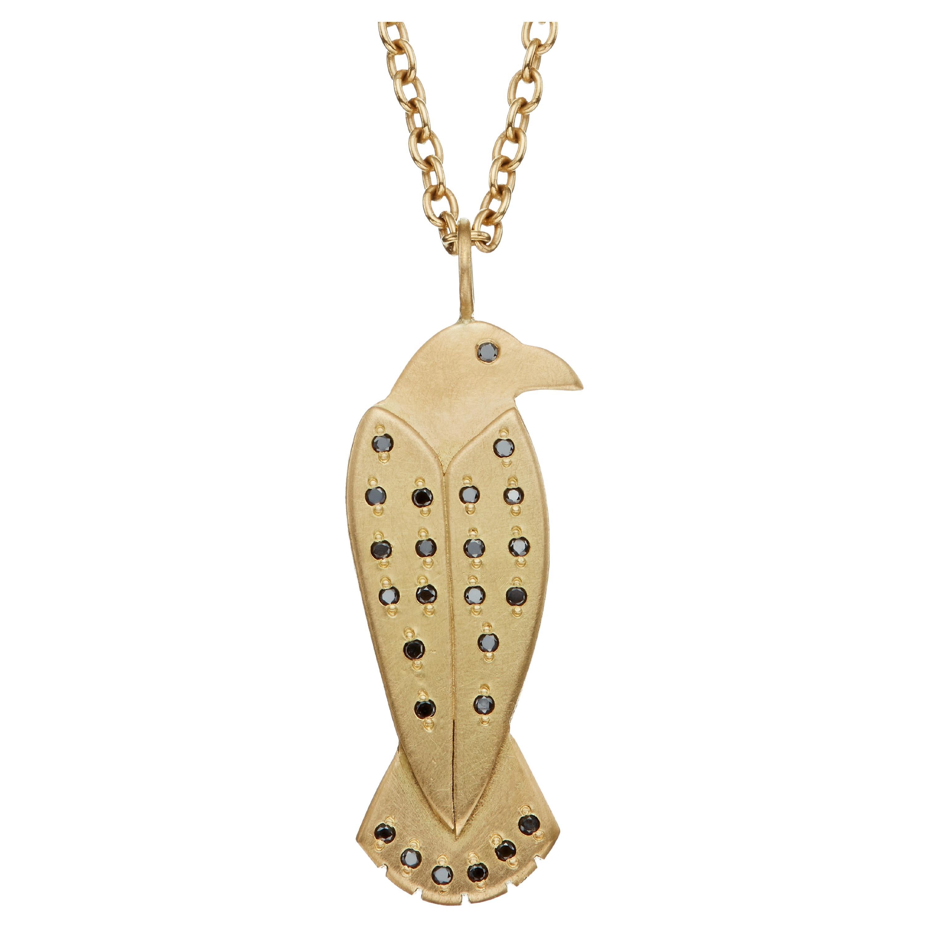 The Merla Crow Ethical Amulet Pendant 18ct Fairtrade Gold and Black Diamonds For Sale