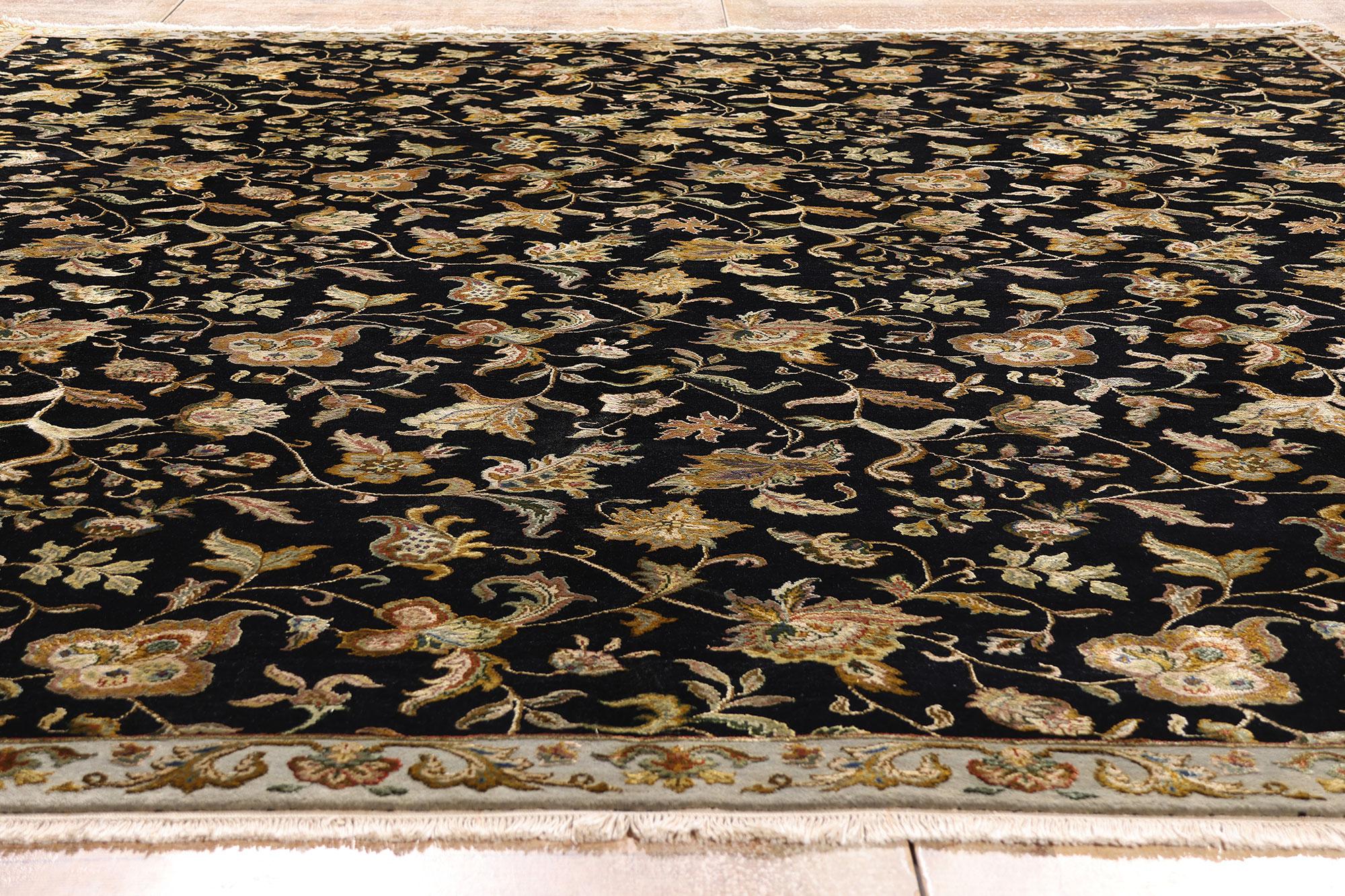 The Midnight Garden: A Vintage Floral Indian Rug of Mughal Elegance For Sale 8