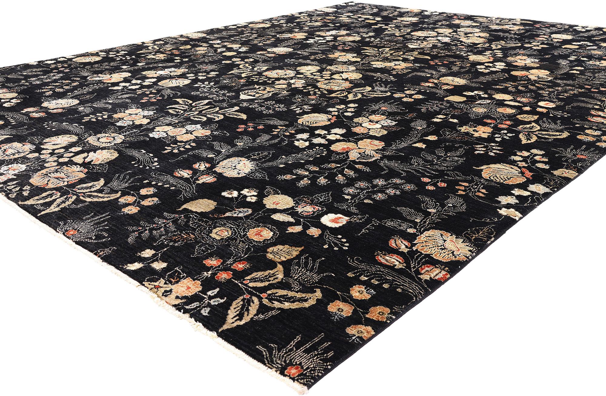 79282 Vintage Schwarz Pakistanisch Tabriz Teppich, 10'03 x 13'06. Dieser außergewöhnliche, handgeknüpfte Wollteppich aus Täbriz mit Akzenten aus glänzender Seide ist ein zeitgenössisches Meisterwerk, das von der Grandeur persischer Designtraditionen