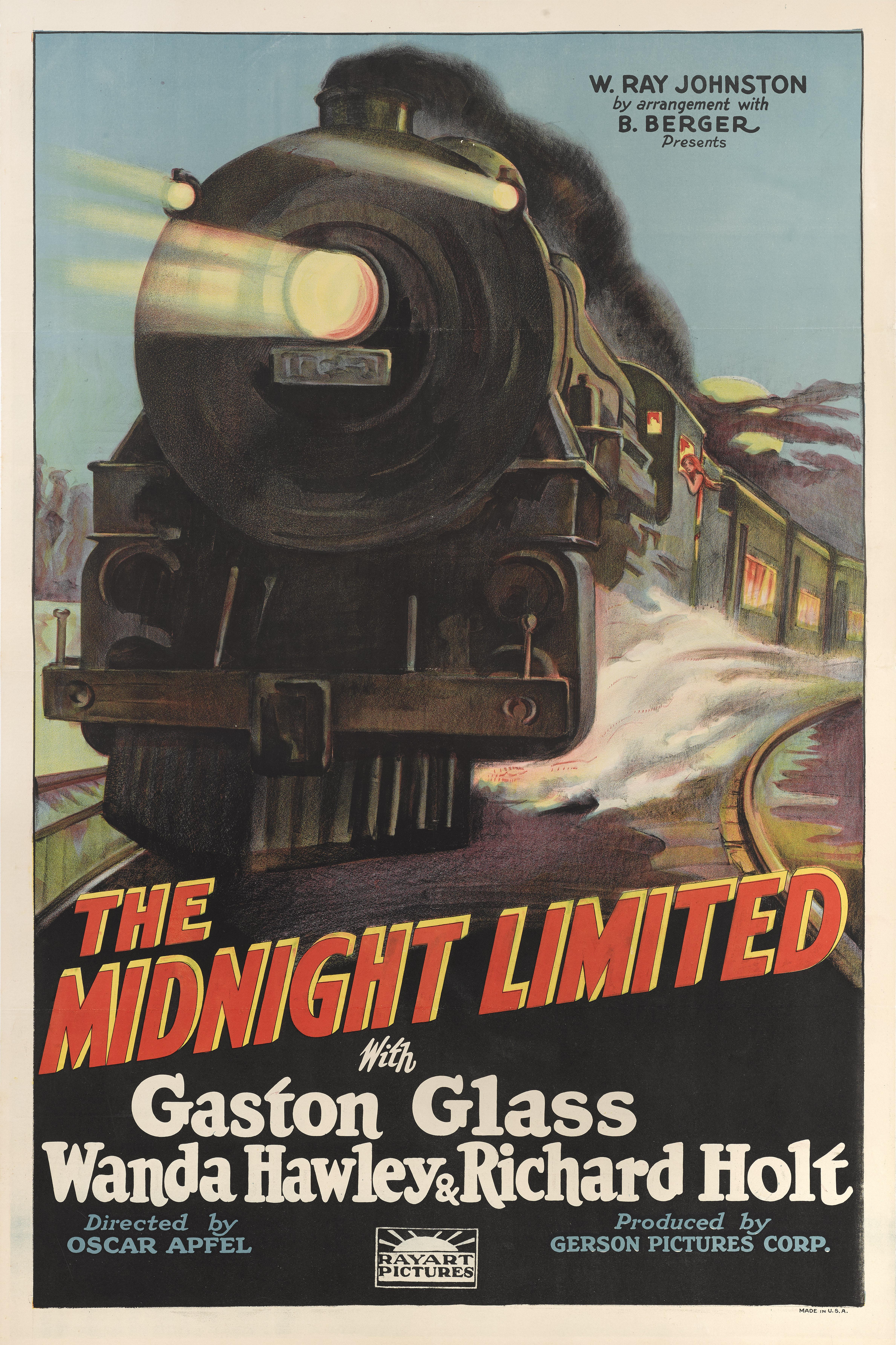 Original US film poster for the 1926 silent action adventure film The Midnight Limited,
starring Gaston Glass and Wanda Hawley.
This film was directed by Oscar Apfel.
This beautiful poster was priced by stone lithography process. It is a rare poster