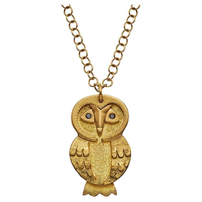 The Minerva Owl Amulet Pendant 18K Fairtrade Yellow Gold & Black Diamonds For Sale