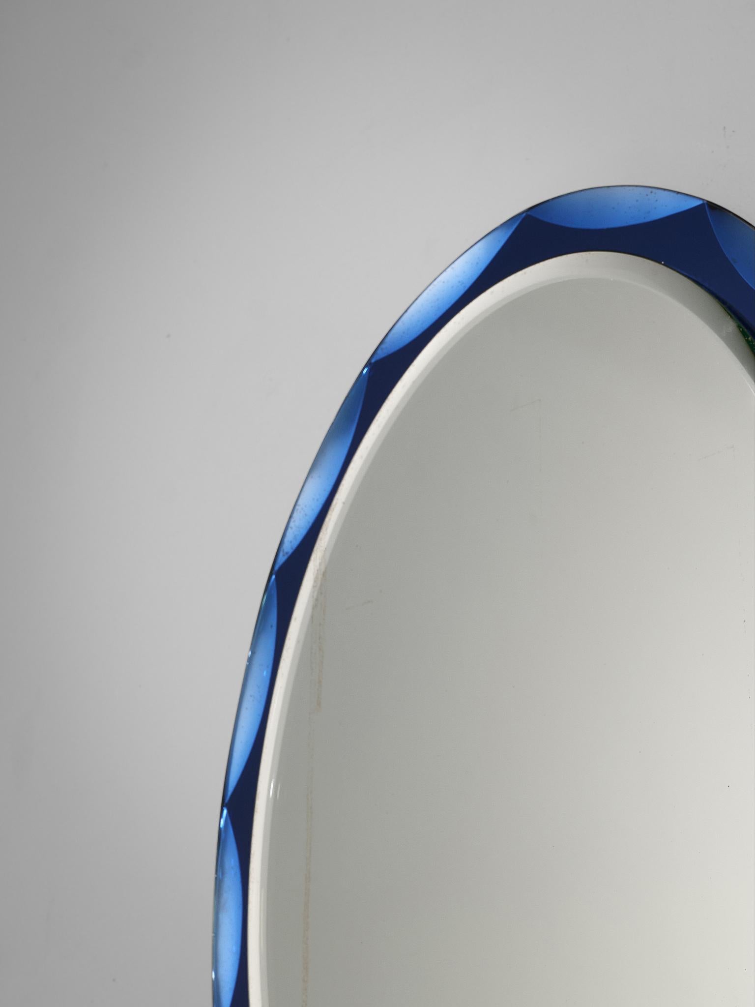 Italian Mirror Is Surrounded by Beveled Blue Glass Panels, Placed in a Gilt Brass