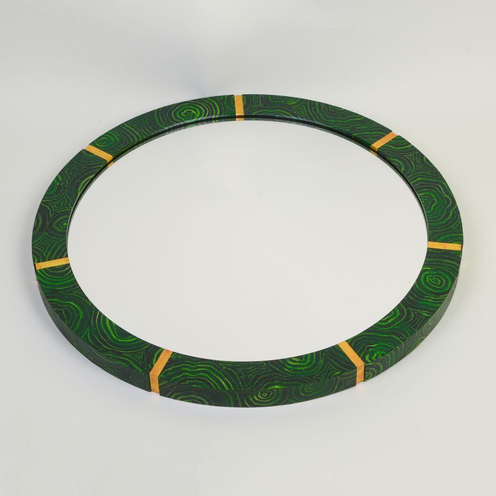 Acrylic and shellac based inks on Ingres Paper, with Dutch metal paper accents, with low iron mirror
Signed and dated by the artist on the verso


The Mirror of Nitocris is a round, malachite-inspired mirror. The frame has six carved straps that