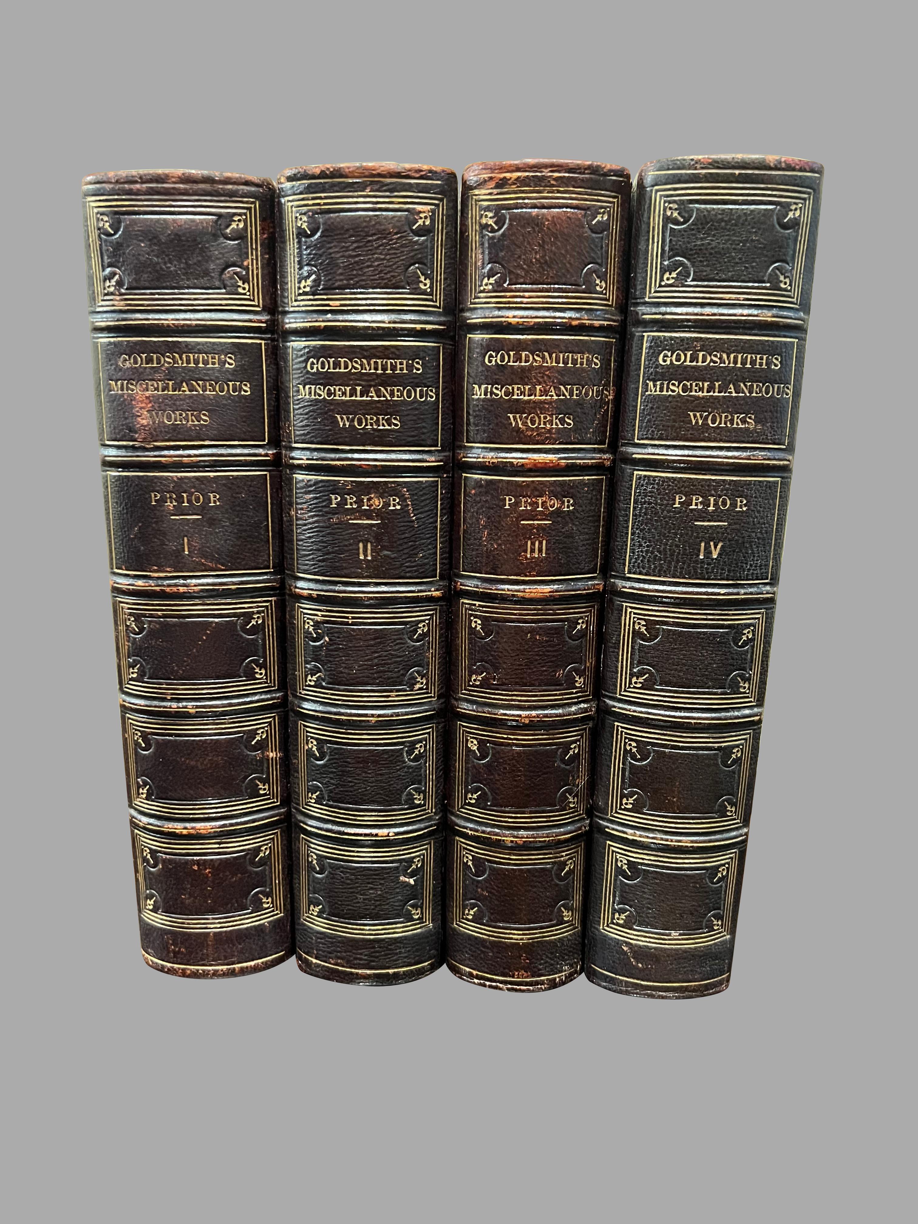 The Miscellaneous Works of Oliver Goldsmith (1728-1774)  in 4 gilt tooled leatherbound volumes. Published: New York G.P. Putnam & Company, 10 Park Place, 1854. A nice set of selected writings by this famous Anglo-Irish playwright and novelist in