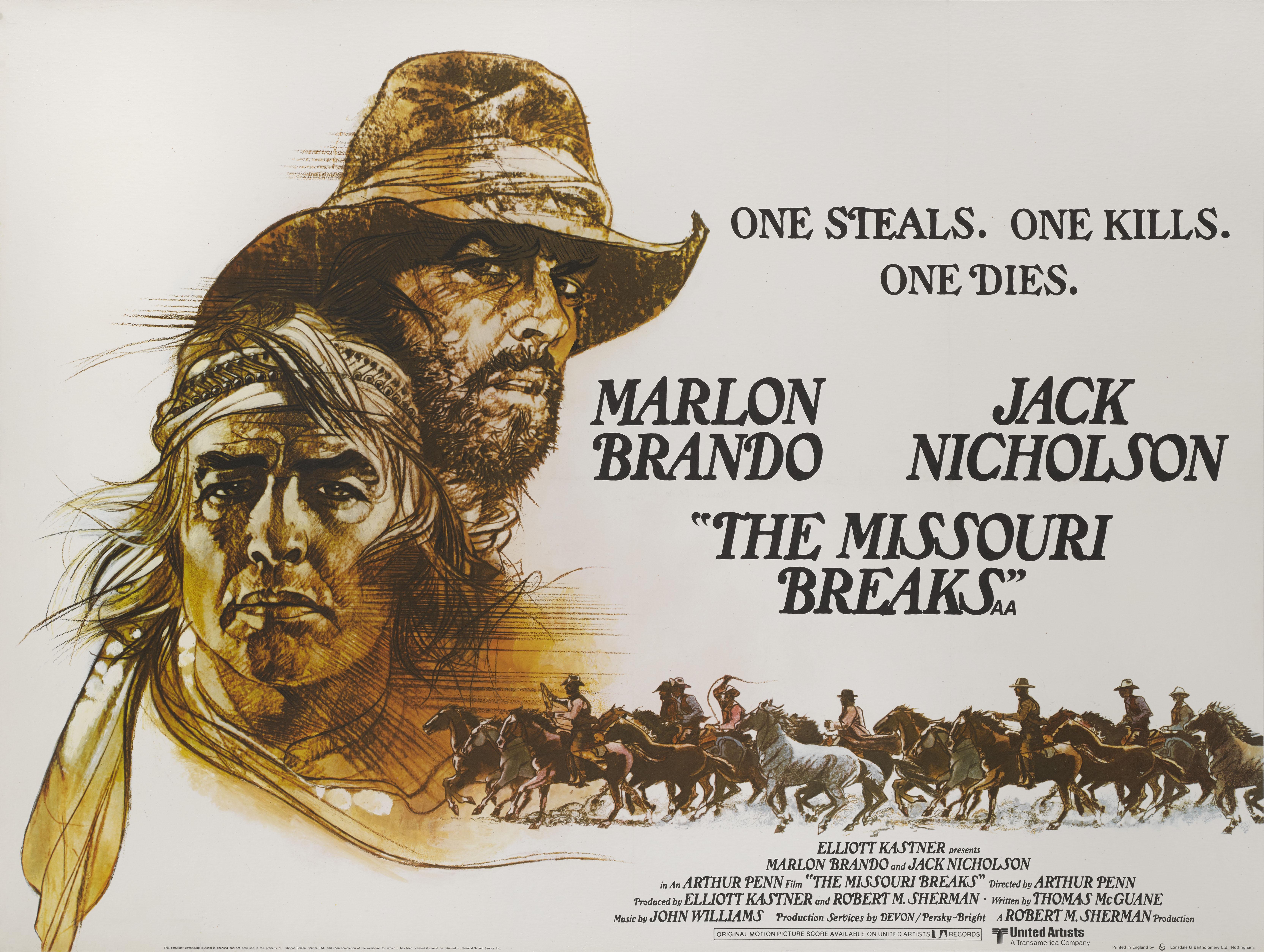 Original British film poster for the 1976 western film The Missouri Breaks. This film was directed by Arthur Penn and starred Marlon Brando and Jack The artwork is by the American illustrator Bob Peak (1927-1992)
This poster is conservation linen