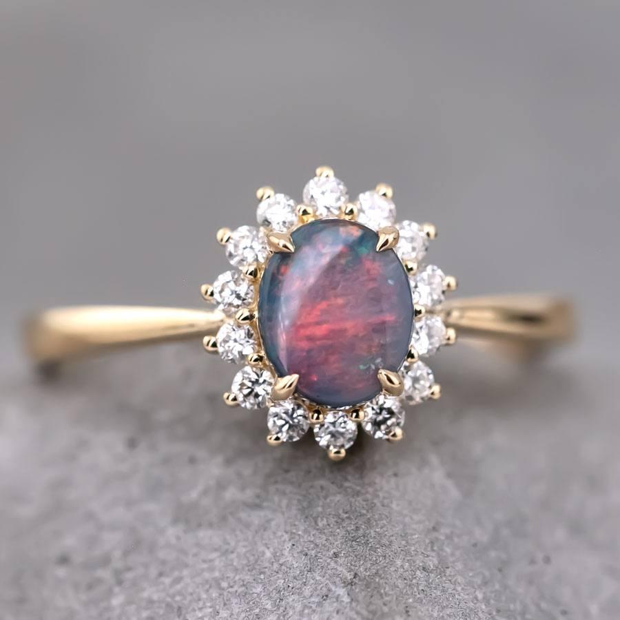 Arts and Crafts The Modern Classic - Black Opal Diamond Halo Engagement Ring 18K Yellow Gold For Sale