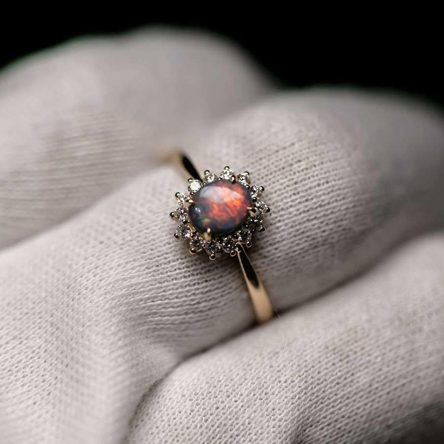 The Modern Classic - Black Opal Diamond Halo Engagement Ring 18K Yellow Gold In New Condition For Sale In Suwanee, GA