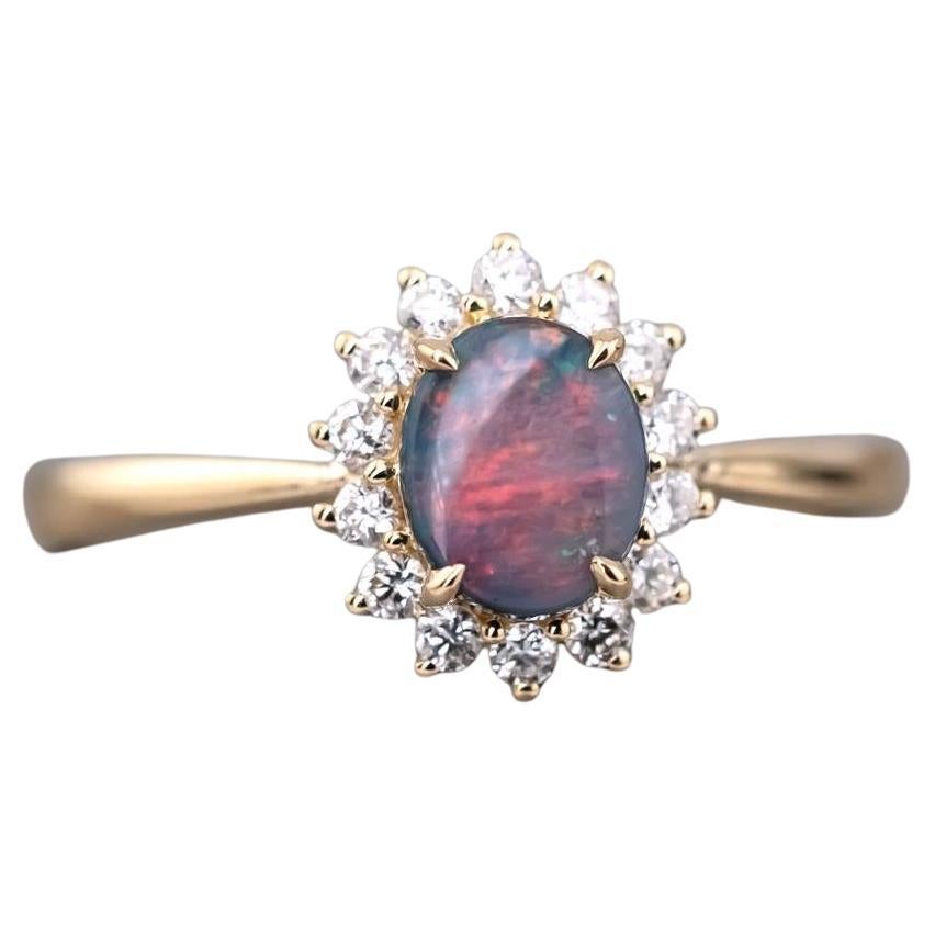 The Modern Classic - Black Opal Diamond Halo Engagement Ring 18K Yellow Gold