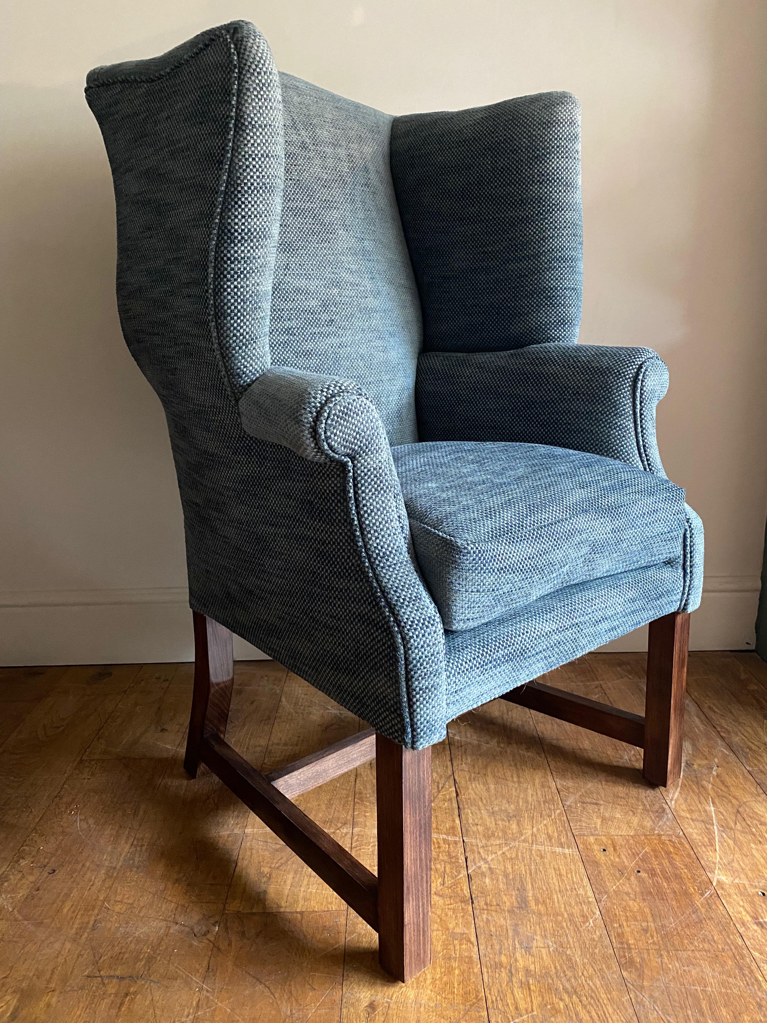 This is the showroom model of the Monroe wingback armchair. It was built as a prototype and for photography purposes in April 2022 - copied directly from a George III English wingback circa 1780. It has entirely beech frame with stained exposed