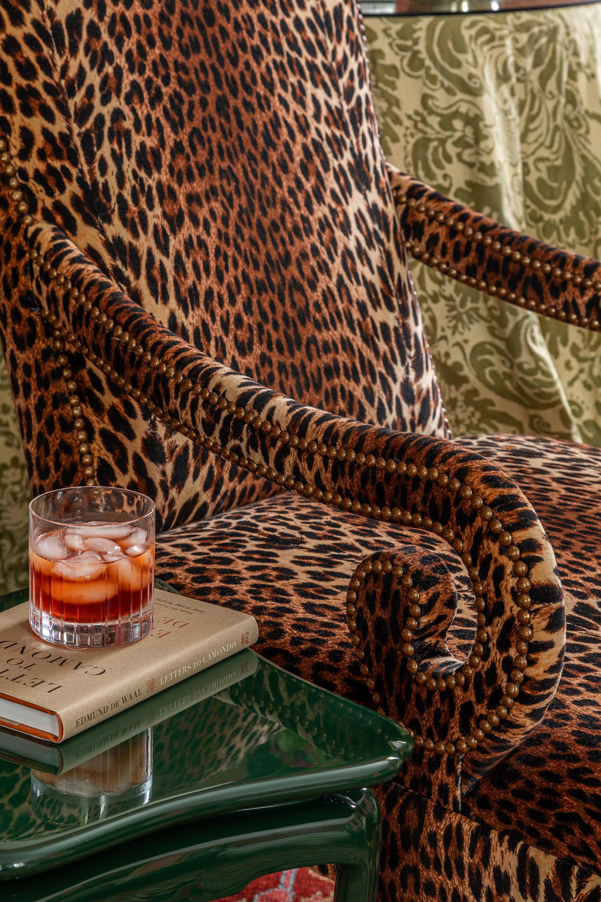 Hand-Crafted The Montague Armchair eight-way hand tied and upholstered in Leopard Velvet For Sale