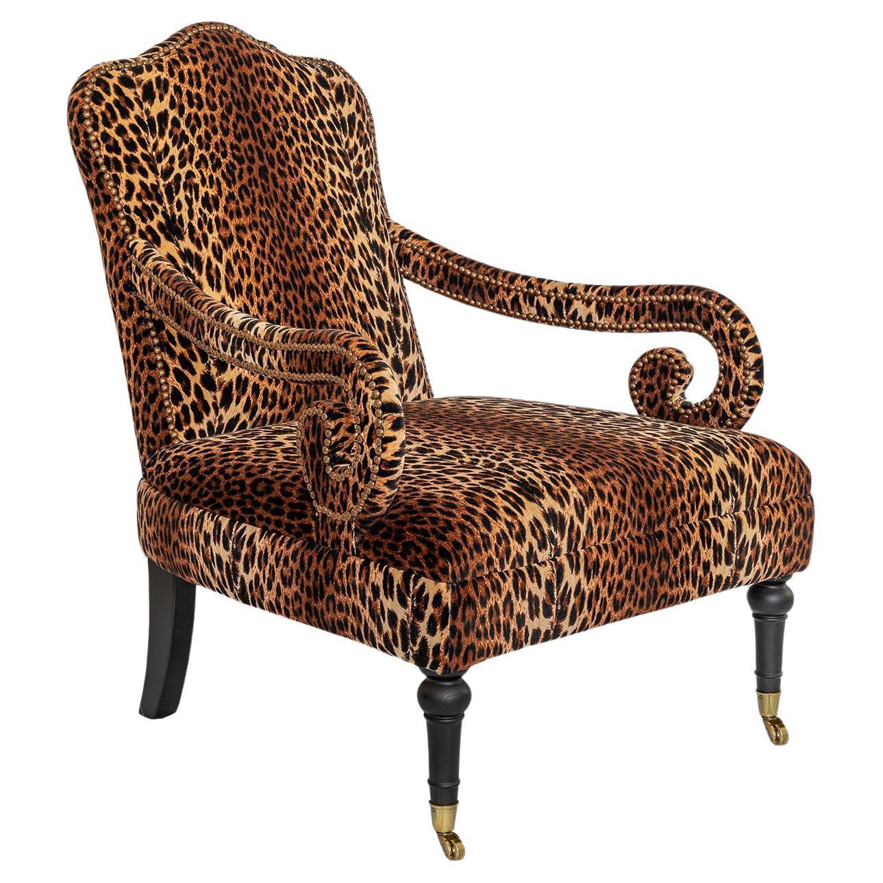 The Montague Armchair, eight-way hand tied and upholstered in Leopard Velvet For Sale
