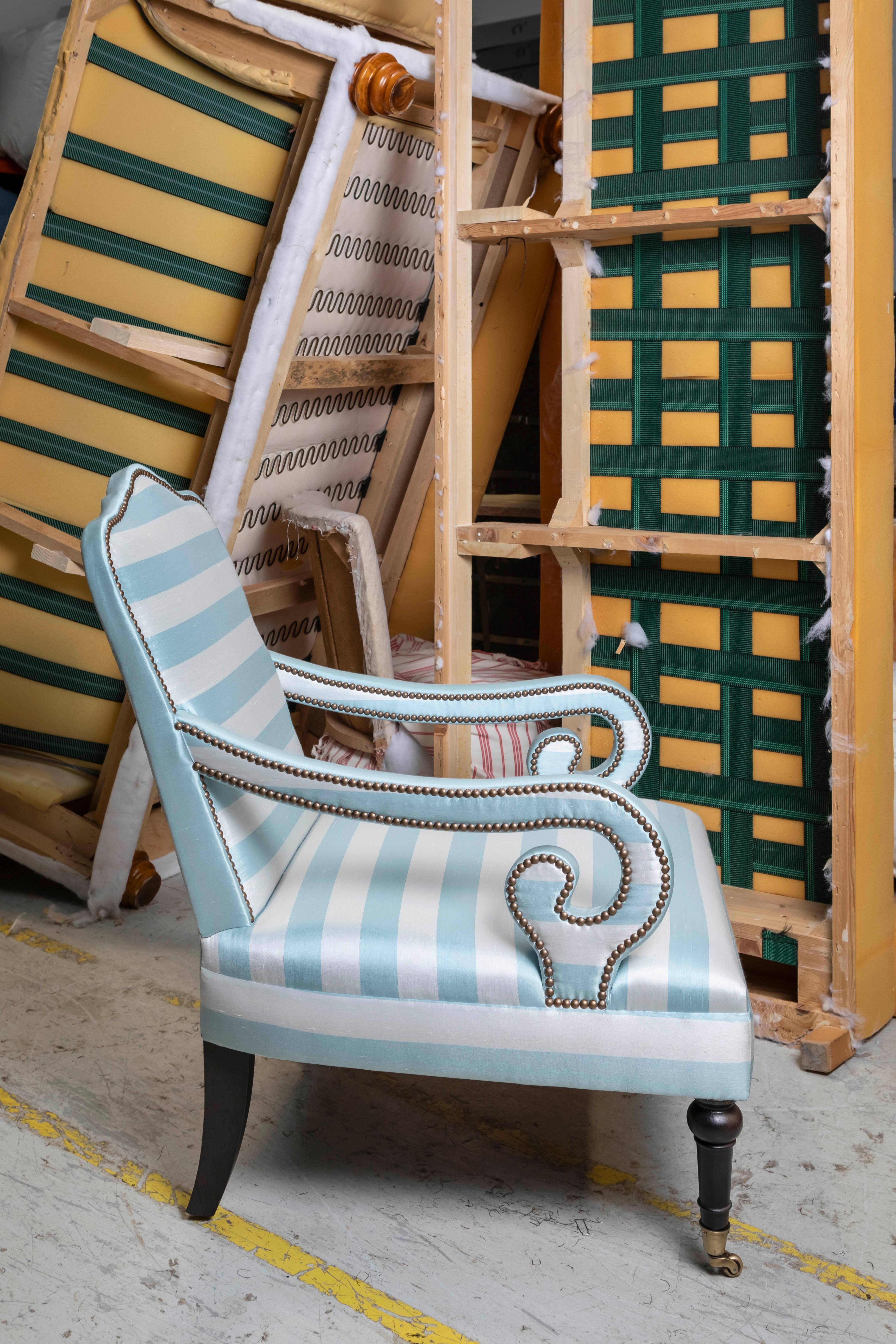 Hand-Crafted The Montague Armchair eight-way hand tied and upholstered in stripe silk For Sale