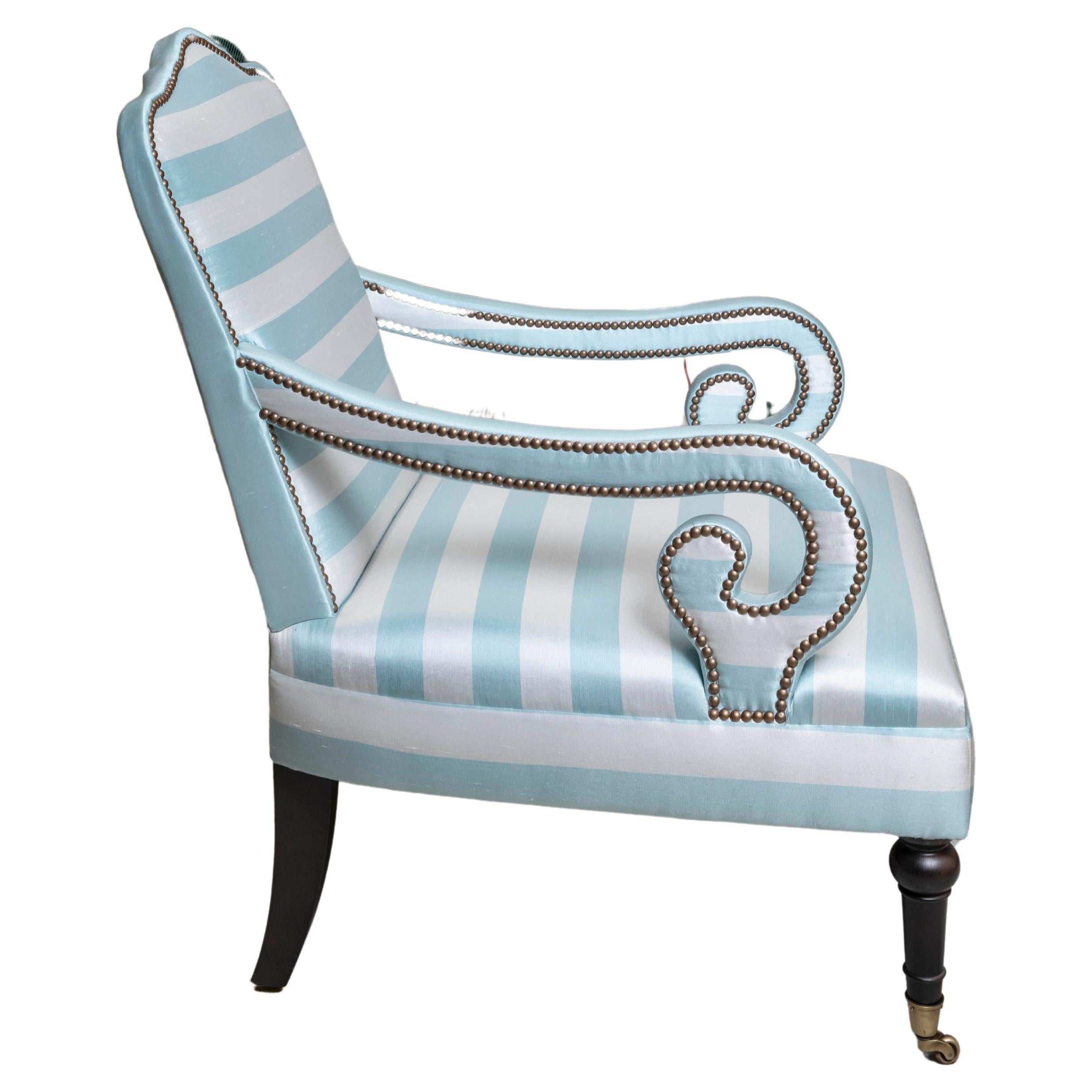 The Montague Armchair eight-way hand tied and upholstered in stripe silk For Sale