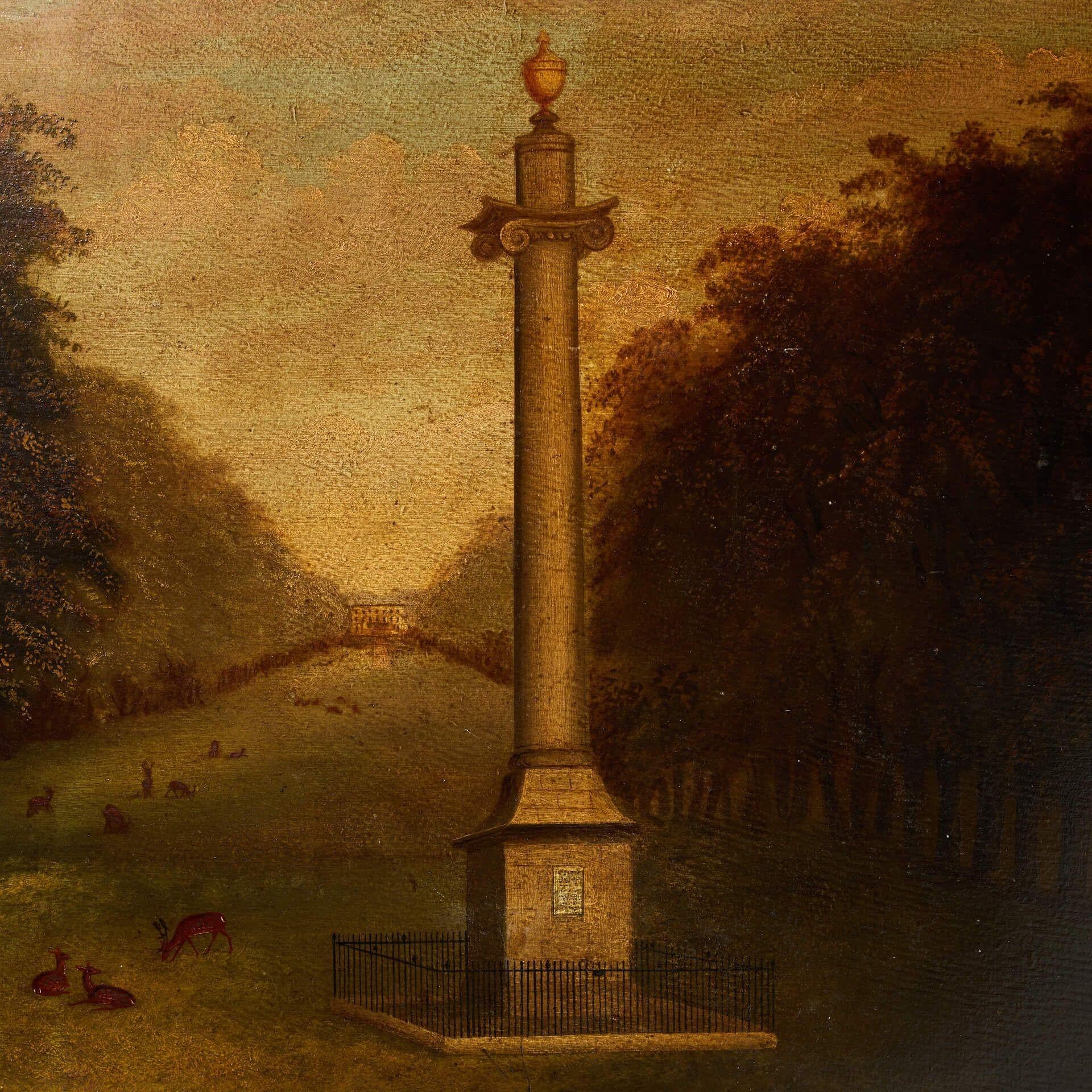 Georgiano 'Il Monumento' (c.1800) Dipinto a olio della English School raffigurante la Colonna di Ailesbury in vendita