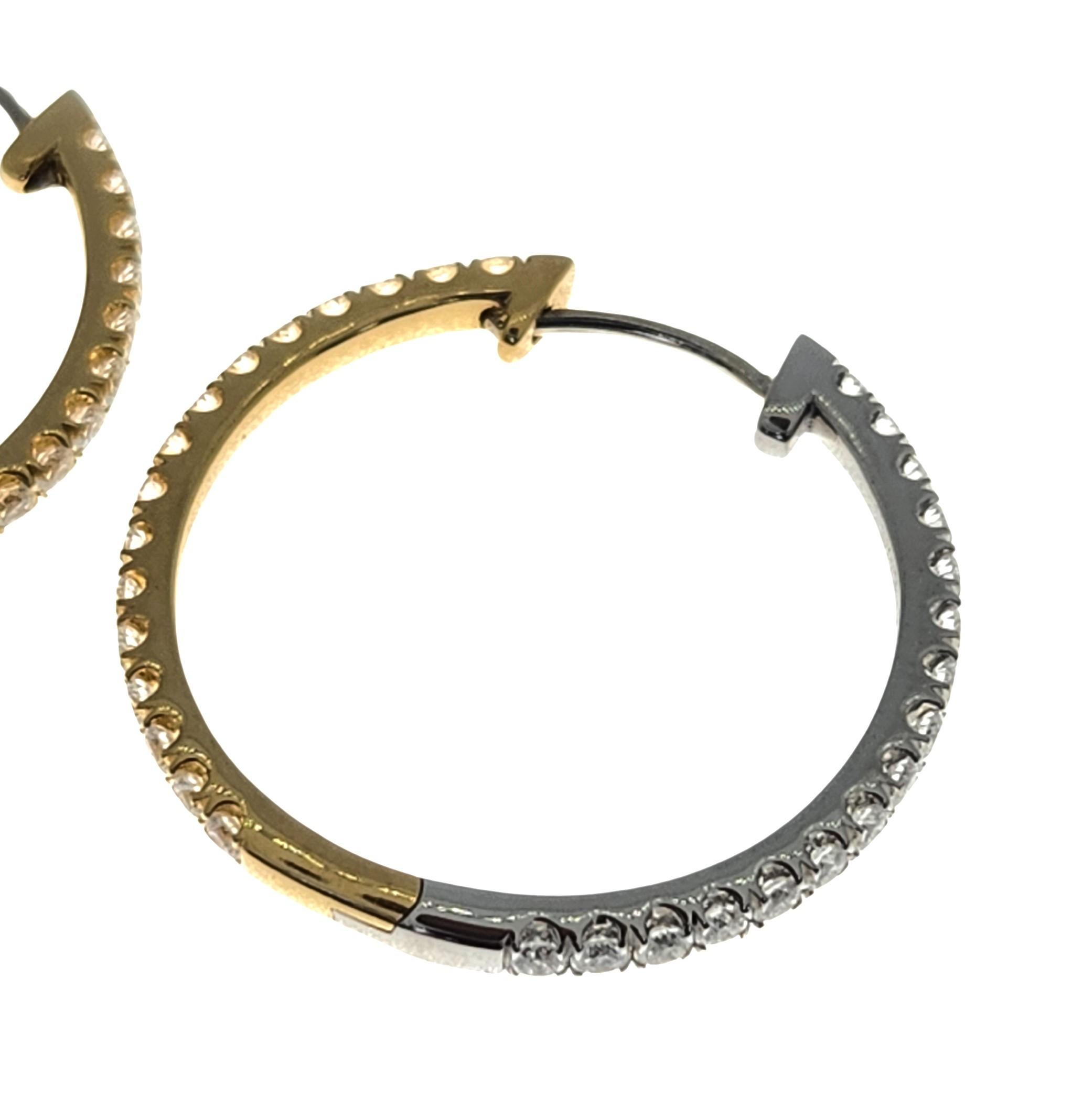 Women's or Men's The Moon and Sun Hinged Hoops with Diamonds in Platinum and 18K Gold Two Tone. For Sale