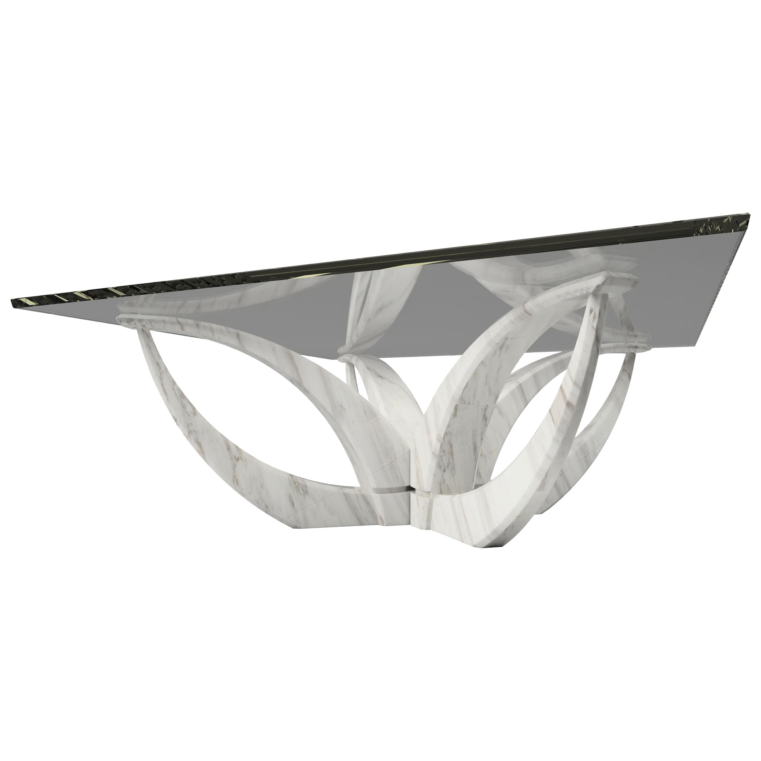 "The Diamond Moon Flower" Center Table ft. White Marble and Glass