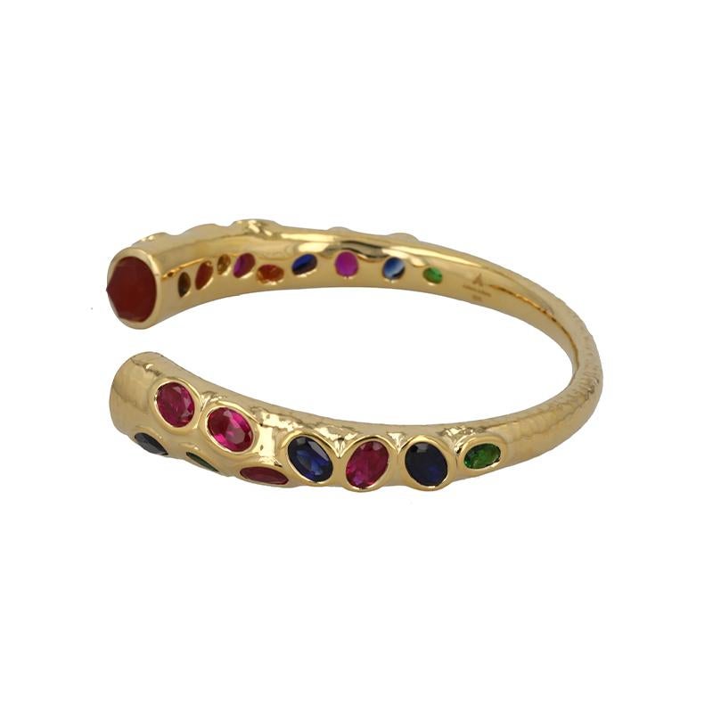 Mixed Cut The Mother Open Bangle in 18k Gold with Green, Blue Sapphire and Ruby For Sale