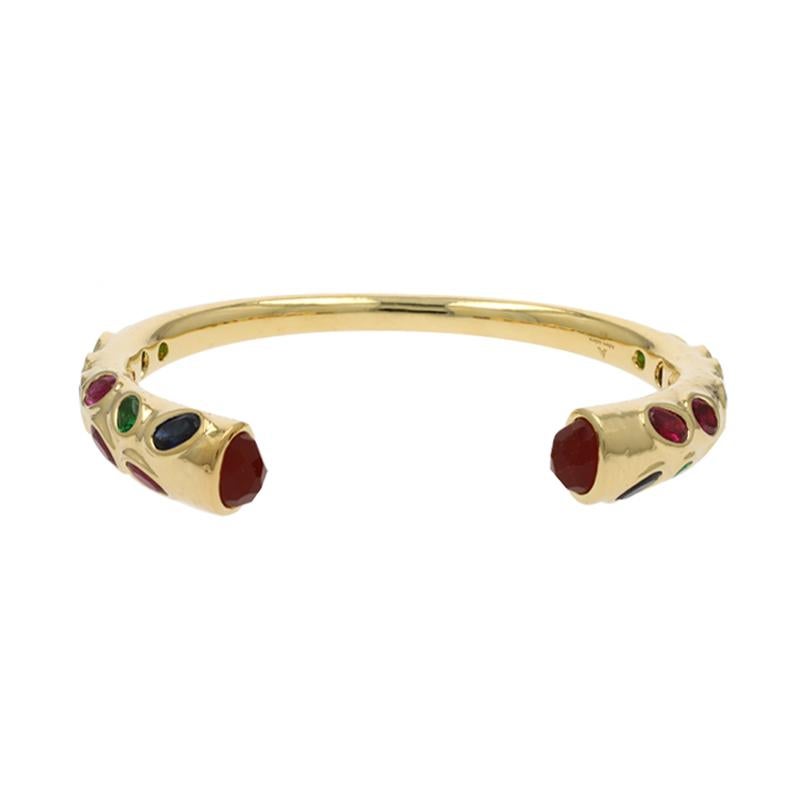 Women's The Mother Open Bangle in 18k Gold with Green, Blue Sapphire and Ruby For Sale