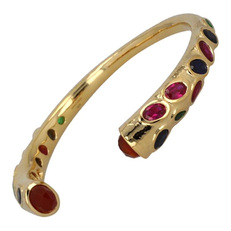 The Mother Open Bangle in 18k Gold with Green, Blue Sapphire and Ruby For Sale