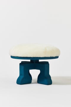 Handcrafted Ash Wood Stool with Shearling Seat, The Muffin Man (Peacock Blue)