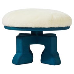 Handcrafted Ash Wood Stool with Shearling Seat, The Muffin Man (Peacock Blue)