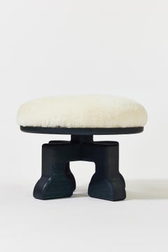 Handcrafted Ash Stool w/ Shearling (White) Seat, The Muffin Man (Midnight Green)