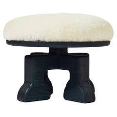 Handcrafted Ash Stool w/ Shearling (White) Seat, The Muffin Man (Midnight Green)
