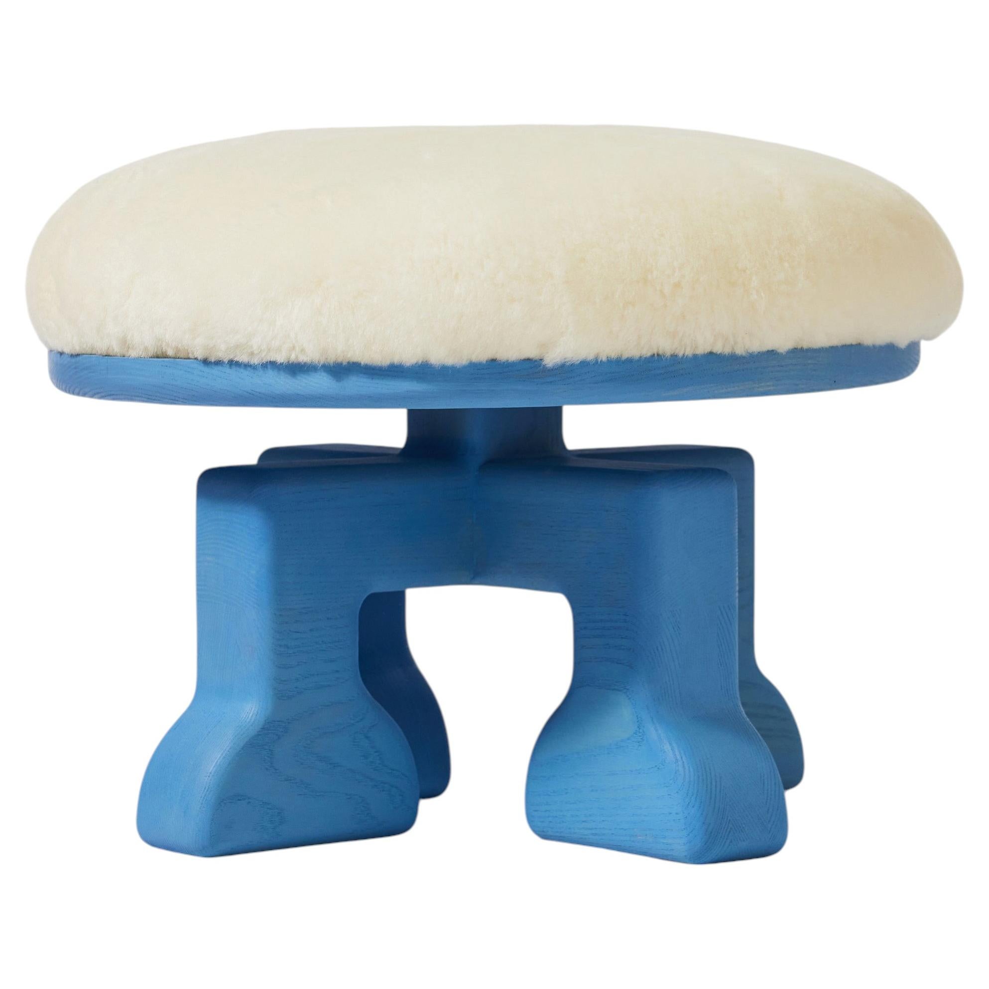Handcrafted Ash Stool w/ Shearling (White) Seat, The Muffin Man (Light Blue)